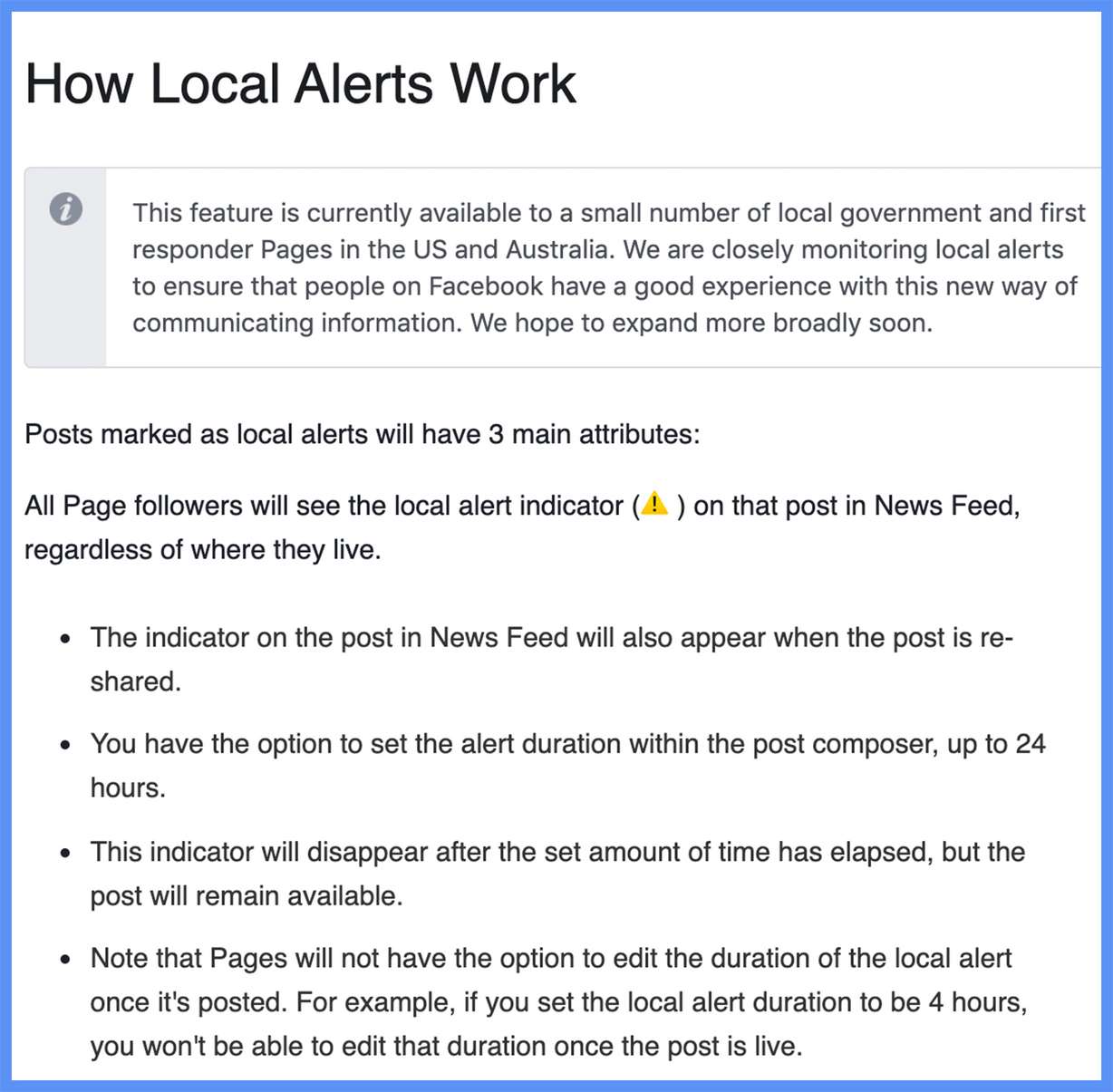 Facebook local alerts notify users of urgent issues happening in their area, including missing people, active shooters, utility issues and weather and traffic updates. (Photo: Screenshot of Facebook)