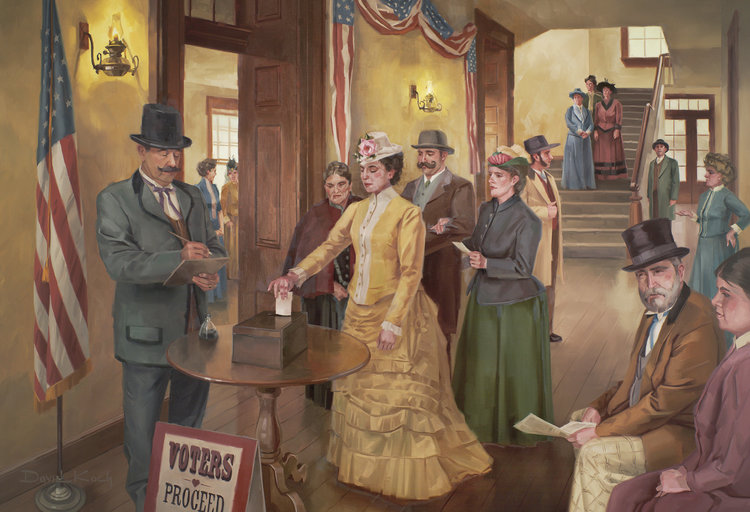 An artist depiction of Seraph Young casting her ballot in 1870 in Salt Lake City’s City Hall, which was also known as Council Hall.