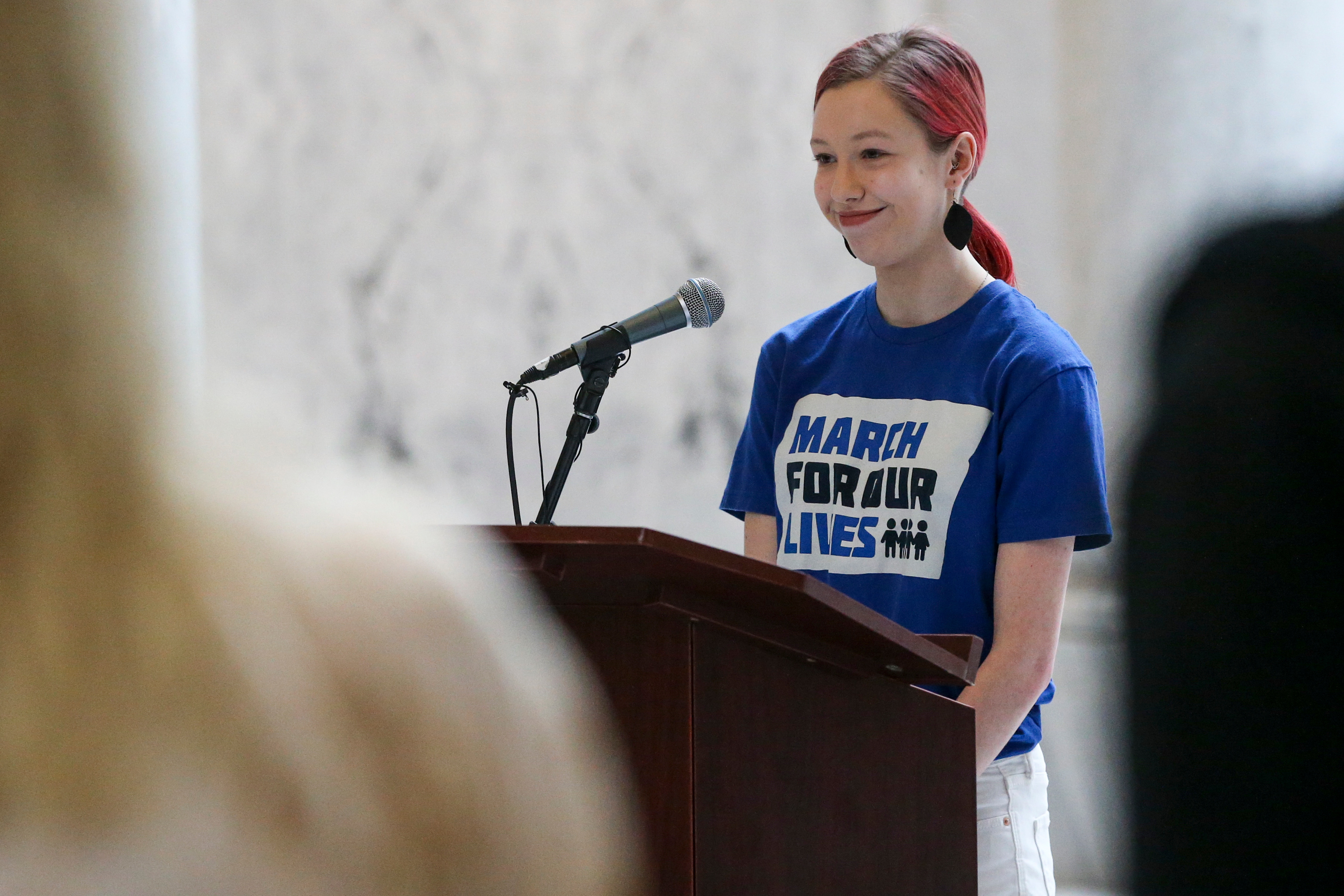 Hannah Smith pauses after speaking at a rally held to show support for public safety bills that oppose gun violence at the Capitol in Salt Lake City on Saturday, Feb. 15, 2020. Organizers held the rally the day after the anniversary of when 17 people were killed two years ago at Stoneman Douglas High School in Parkland, Fla., and the week of the anniversary of the 2007 Trolley Square shooting. (Ivy Ceballo, KSL)