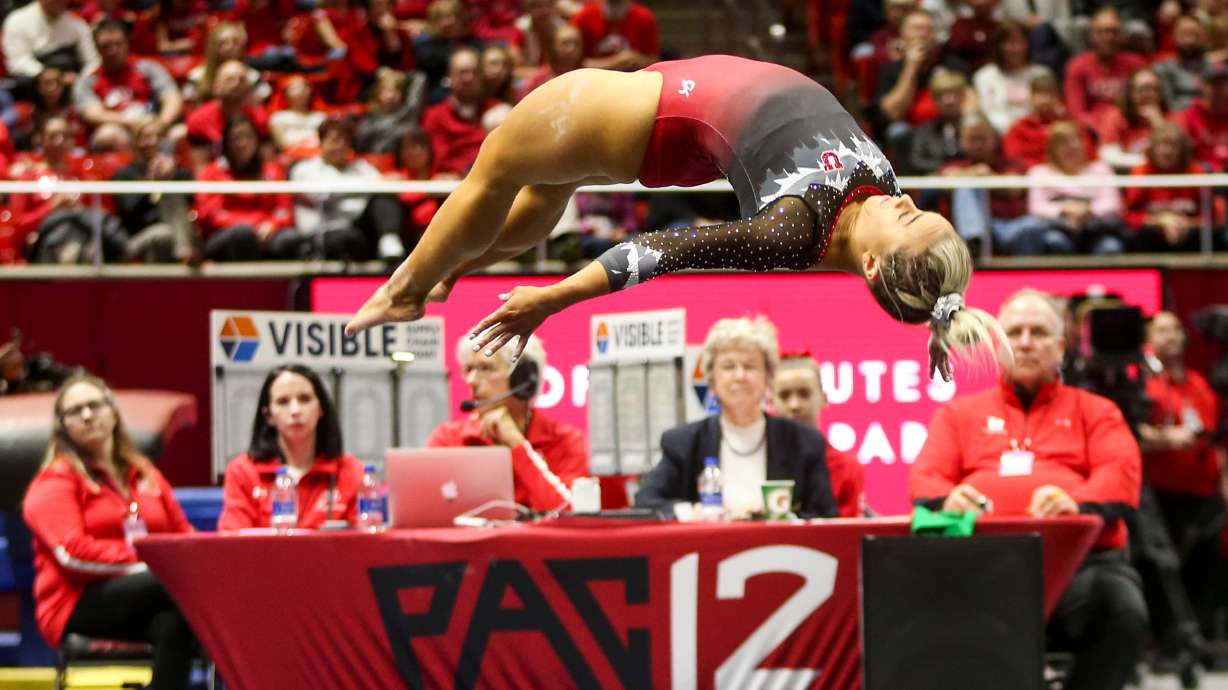Sydney Soloski competes on floor during the Utah Red Rocks’ competition against Oregon State at the Jon M. Huntsman Center in Salt Lake City on Saturday, Feb. 15, 2020.