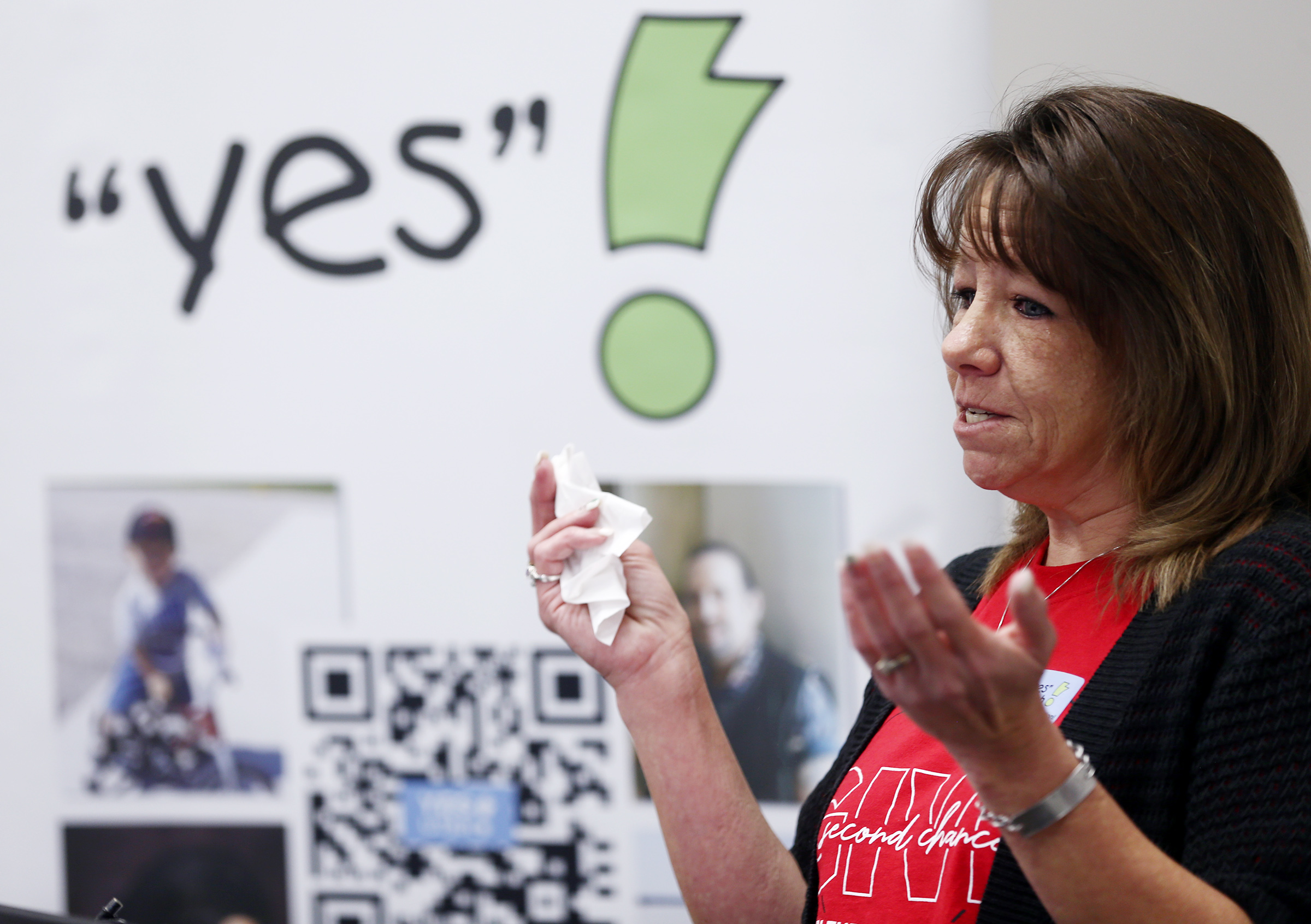 Tiphanie Clark, who is a kidney and pacreas transplant recipient, describes her gratitude for her donor during a press conference at the Driver License Division in West Valley City on Friday, Feb. 14, 2020. On Mondays and Fridays during February, division employees will be wear red T-shirts with the slogan "Give second chances" to encourage others to register their wishes to be an organ, eye and tissue donor. (Photo: Scott G Winterton, KSL)