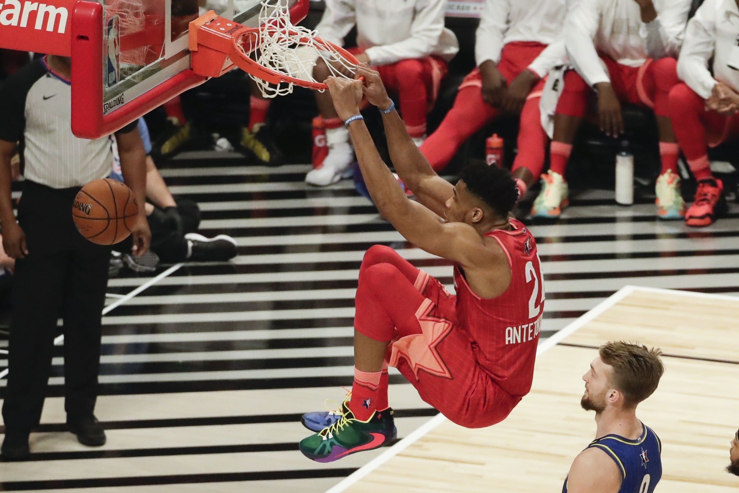 Giannis Antetokounmpo of the Milwaukee Bucks dunks during the first half of the NBA All-Star basketball game Sunday, Feb. 16, 2020, in Chicago. (AP Photo/David Banks)