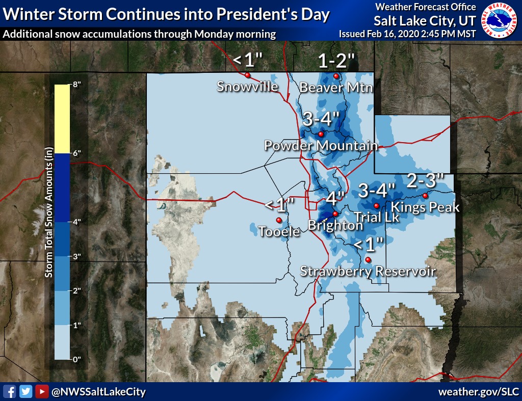 Precipitation is diminishing over the valleys, but lingering snow will result in difficult travel for northern Utah mountain routes through Monday morning. (National Weather Service)