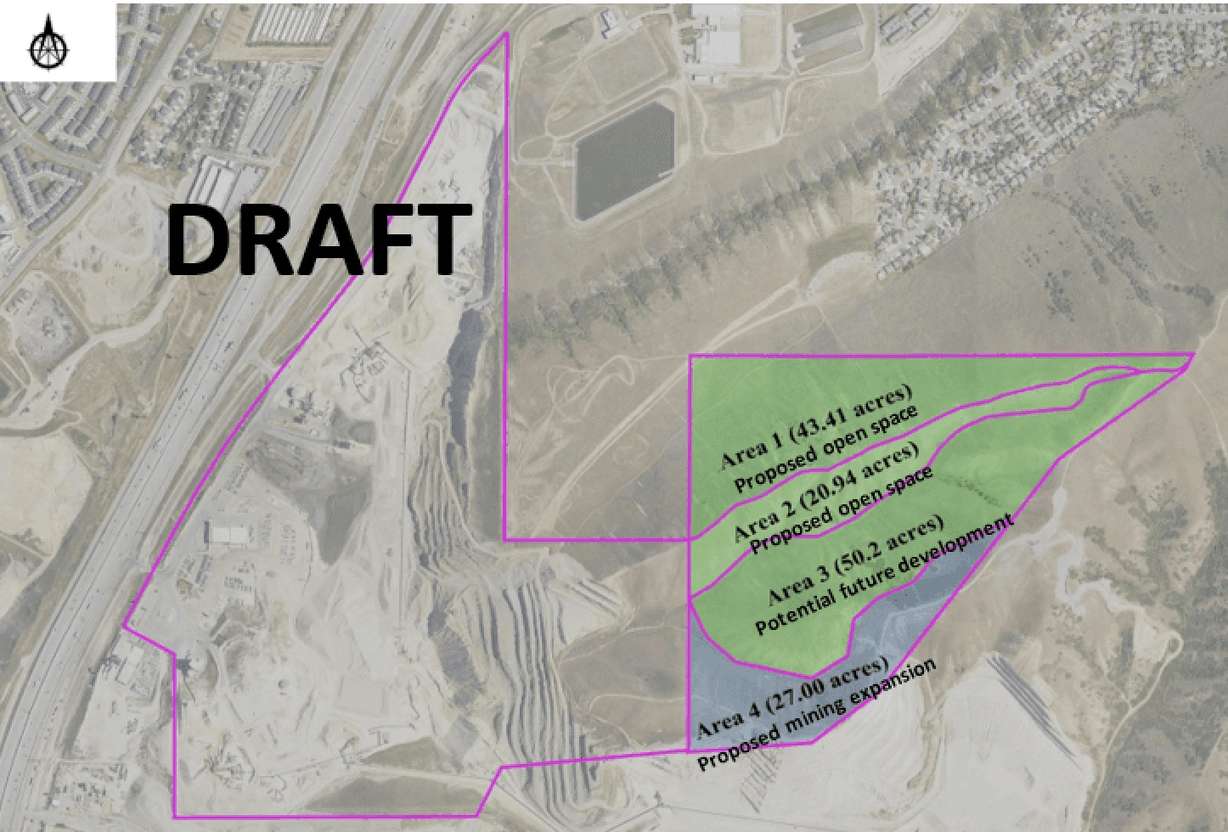 This map, provided by Geneva Rock in its application, shows where the company seeks to expand operations by 27 acres and the swath of land it would donate to Draper City. (Photo: Geneva Rock)