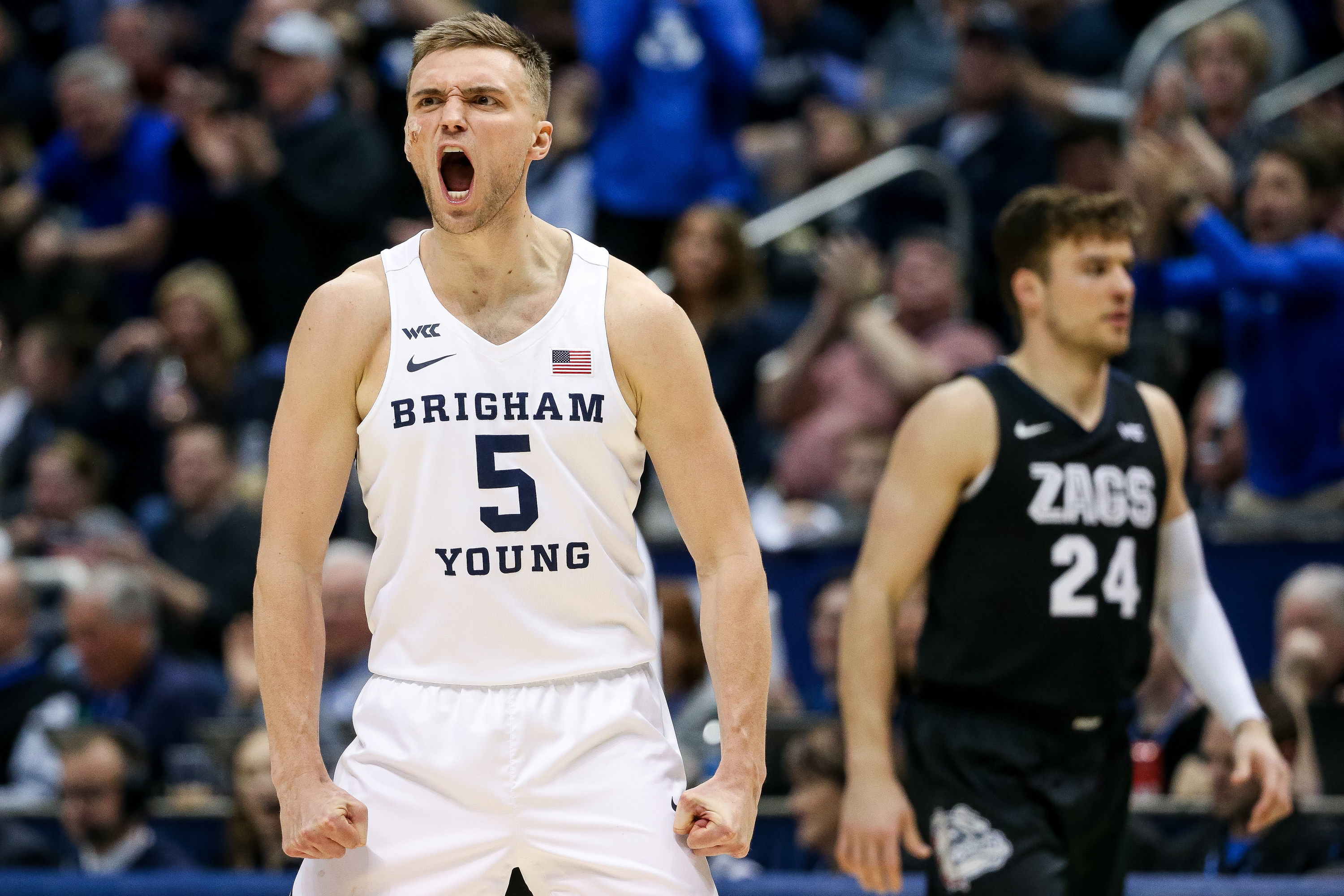 Brigham Young Cougars guard Jake Toolson (5) yells during the game against the Gonzaga Bulldogs at the Marriott Center in Provo on Saturday, Feb. 22, 2020. (Photo: Spenser Heaps, KSL)