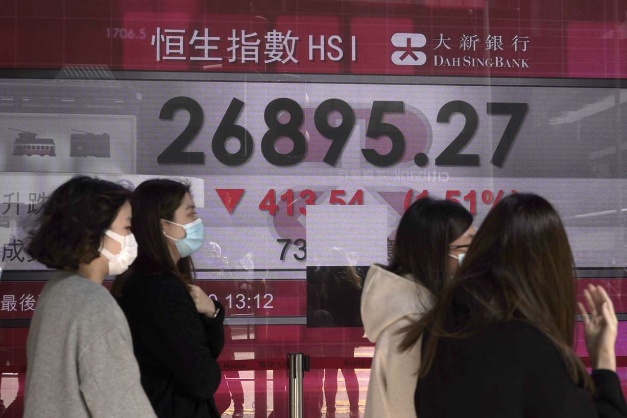 Pedestrians pass an electronic board showing Hong Kong share index outside a local bank in Hong Kong, Monday, Feb. 24, 2020. Shares are falling in Asia after reports of a surge in new virus cases outside China. (AP Photo/Kin Cheung)