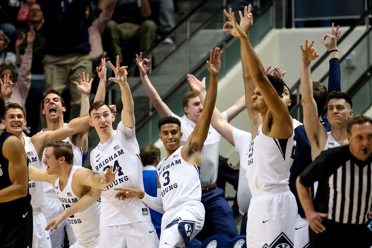 Brigham Young Cougars players celebrate a 3-pointer during the game against the Gonzaga Bulldogs at the Marriott Center in Provo on Saturday, Feb. 22, 2020. (Photo: Spenser Heaps, KSL)