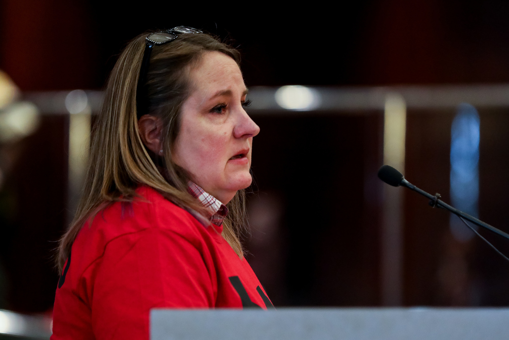 Judi Van Eperen, of Herriman, tearfully voices her opposition to the planned Olympia Hills development during a Salt Lake County Council meeting at the Salt Lake County Government Center in Salt Lake City on Tuesday, Feb. 25, 2020. (Photo: Spenser Heaps, KSL)