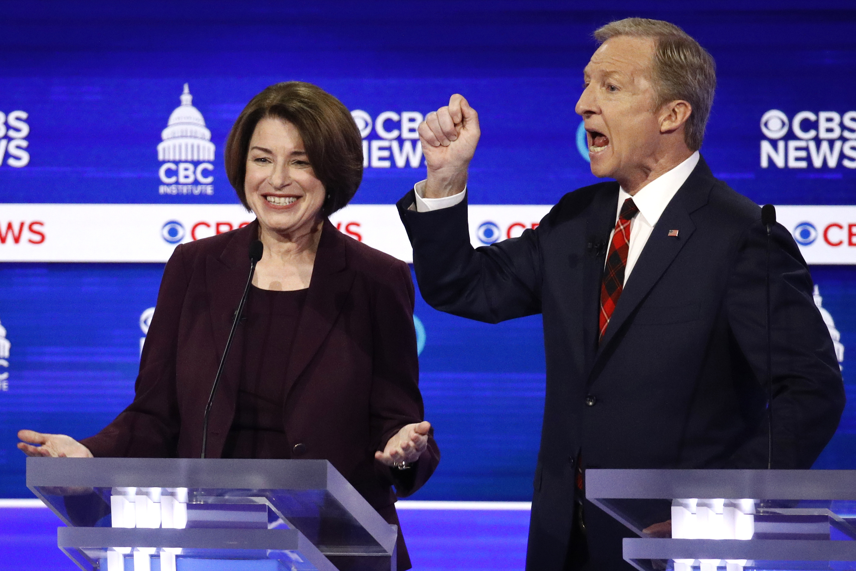 From left, Democratic presidential candidates, Sen. Amy Klobuchar, D-Minn., and businessman Tom Steyer, participate in a Democratic presidential primary debate at the Gaillard Center, Tuesday, Feb. 25, 2020, in Charleston, S.C. Photo: AP Photo