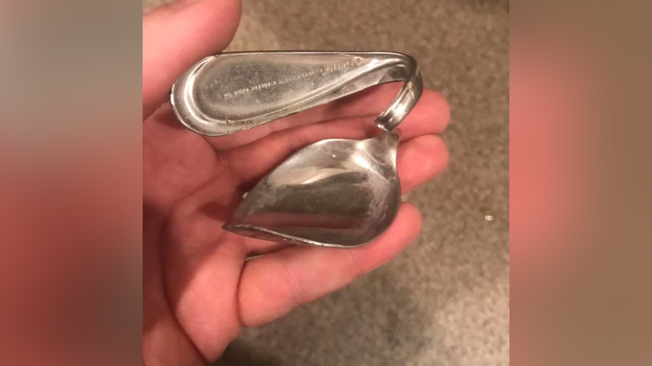 The spoon mangled by Brandon Comstock's lawnmower. (Photo: Brandon Comstock)