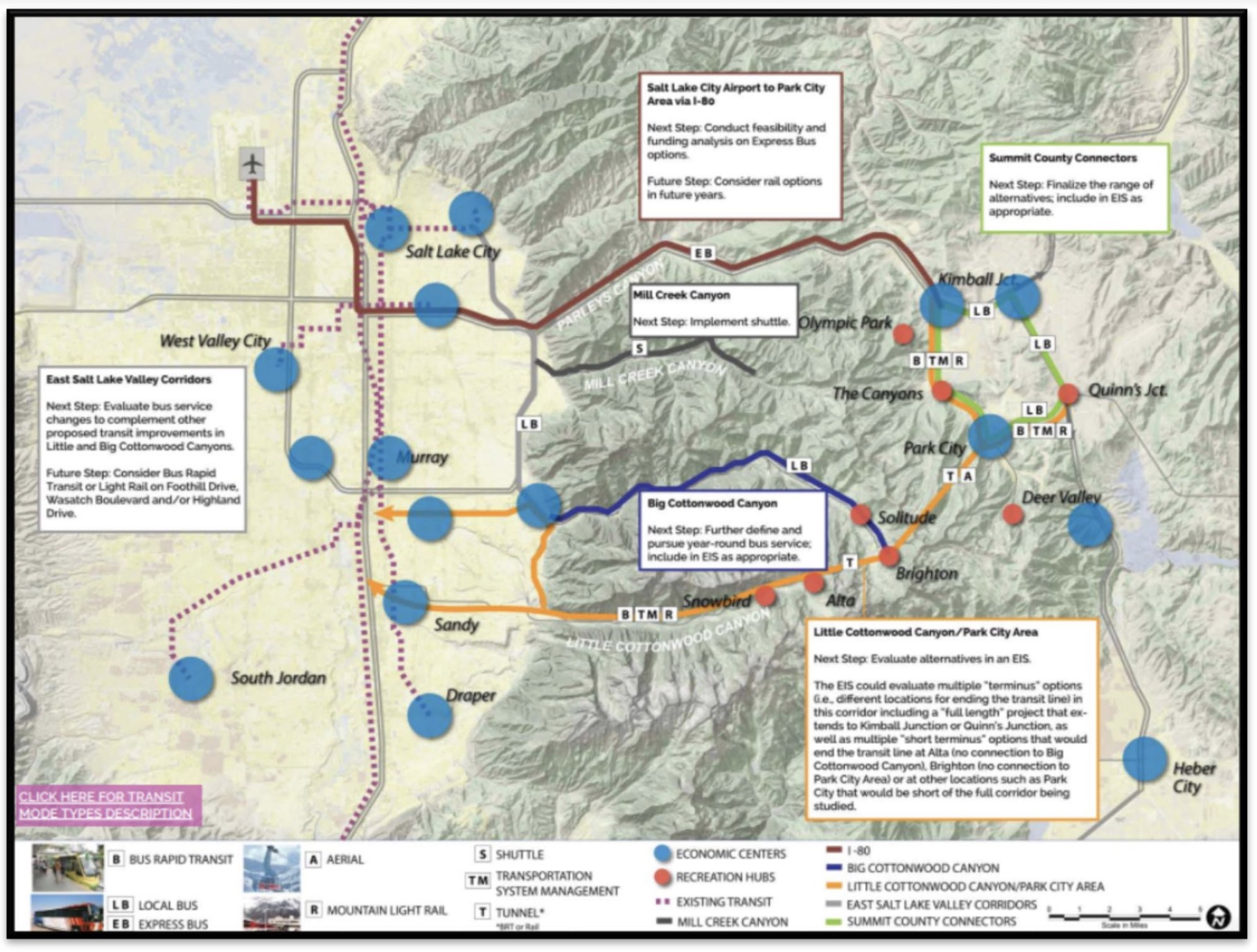 This map shows some of the transportation concepts within the blueprint of the Mountain Accord that was signed in 2015. The Central Wasatch Commission, which was created to replace the accord, has used that blueprint for a general idea for a new Mountain Transportation System. (Graphic courtesy Central Wasatch Commission)