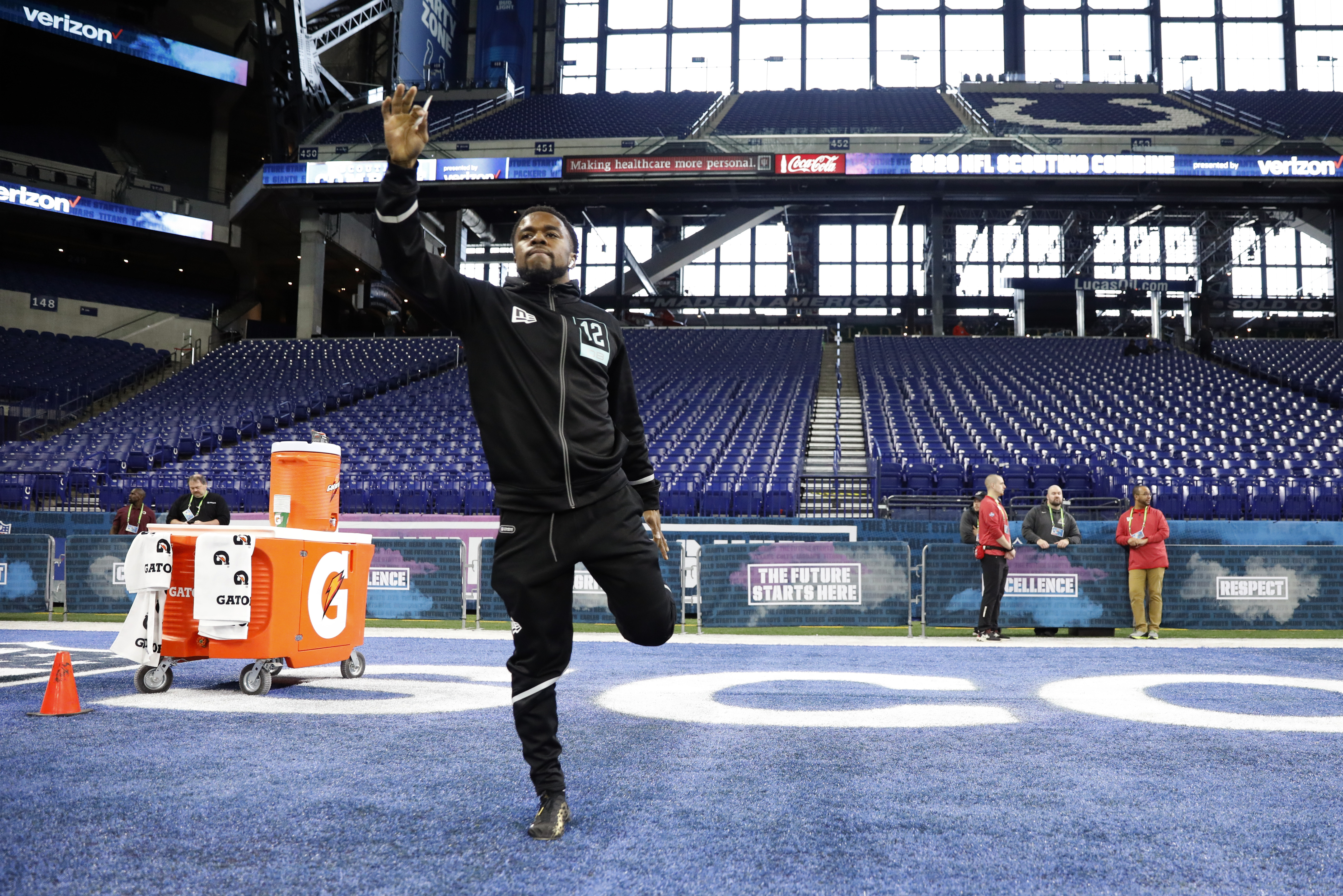 Utah defensive back Javelin K. Guidry stretches at the NFL football scouting combine in Indianapolis, Sunday, March 1, 2020. (Photo: Charlie Neibergall, AP)