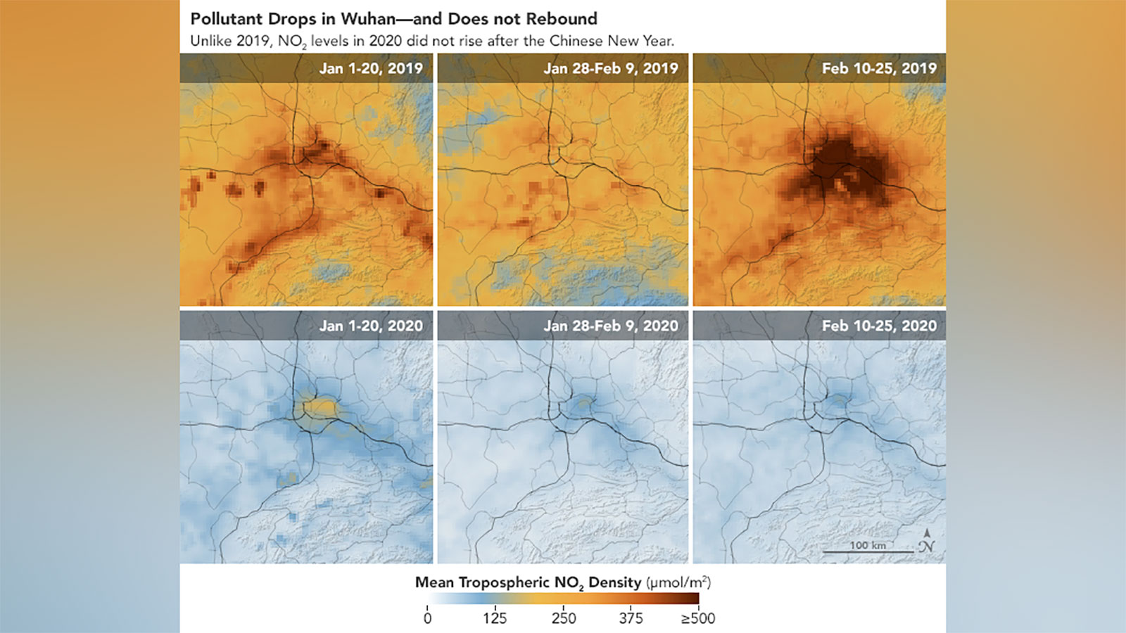 Images over Wuhan showing the pollutant numbers dropping but not rebounding. (NASA via CNN)