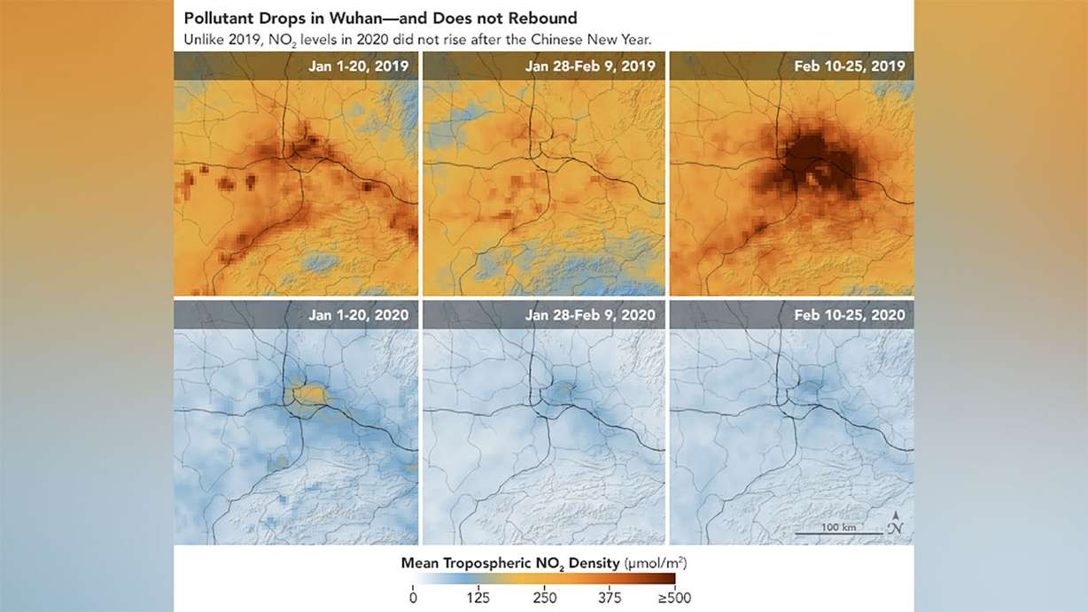 Images over Wuhan showing the pollutant numbers dropping but not rebounding. (NASA via CNN)