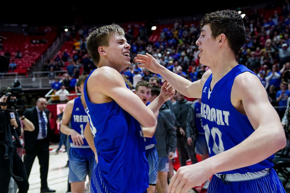Fremont’s Dallin Hall and Baylor Harrop celebrate their win over Davis in the 6A boys basketball championship game at the Huntsman Center in Salt Lake City on Saturday, Feb. 29, 2020.