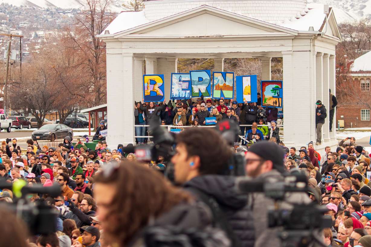 A group of Bernie Sanders supporters holds signs that spell out "Bernie" as Sanders speaks at the Utah State Fairpark on Monday, March 2, 2020. Sanders is seeking the Democratic nomination for president. (Photo: Carter Williams, KSL.com)