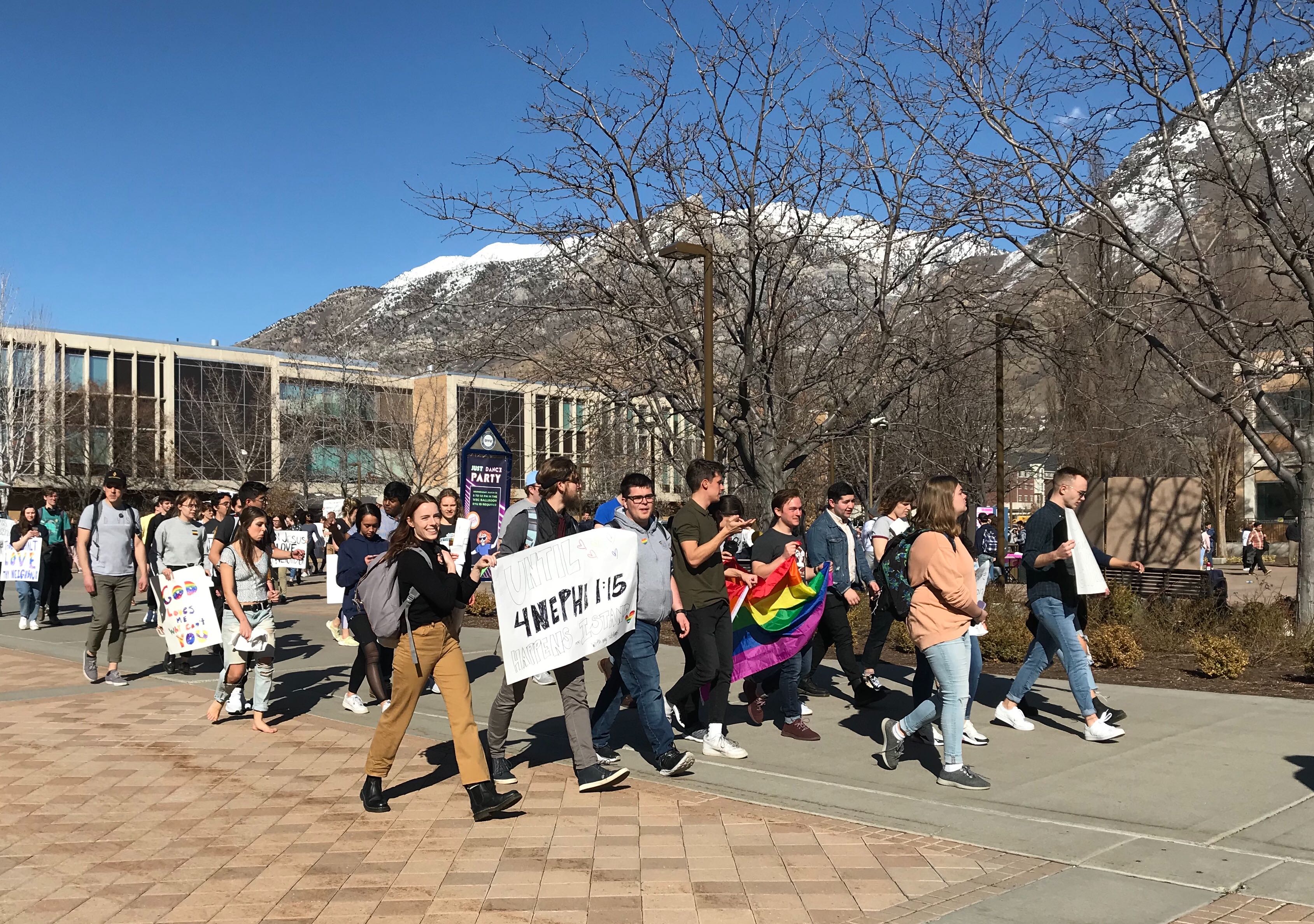 A group of students protested a letter sent from the BYU Honor Code Office that clarified the university's same-sex dating policies. (Photo: Sean Walker, KSL.com)