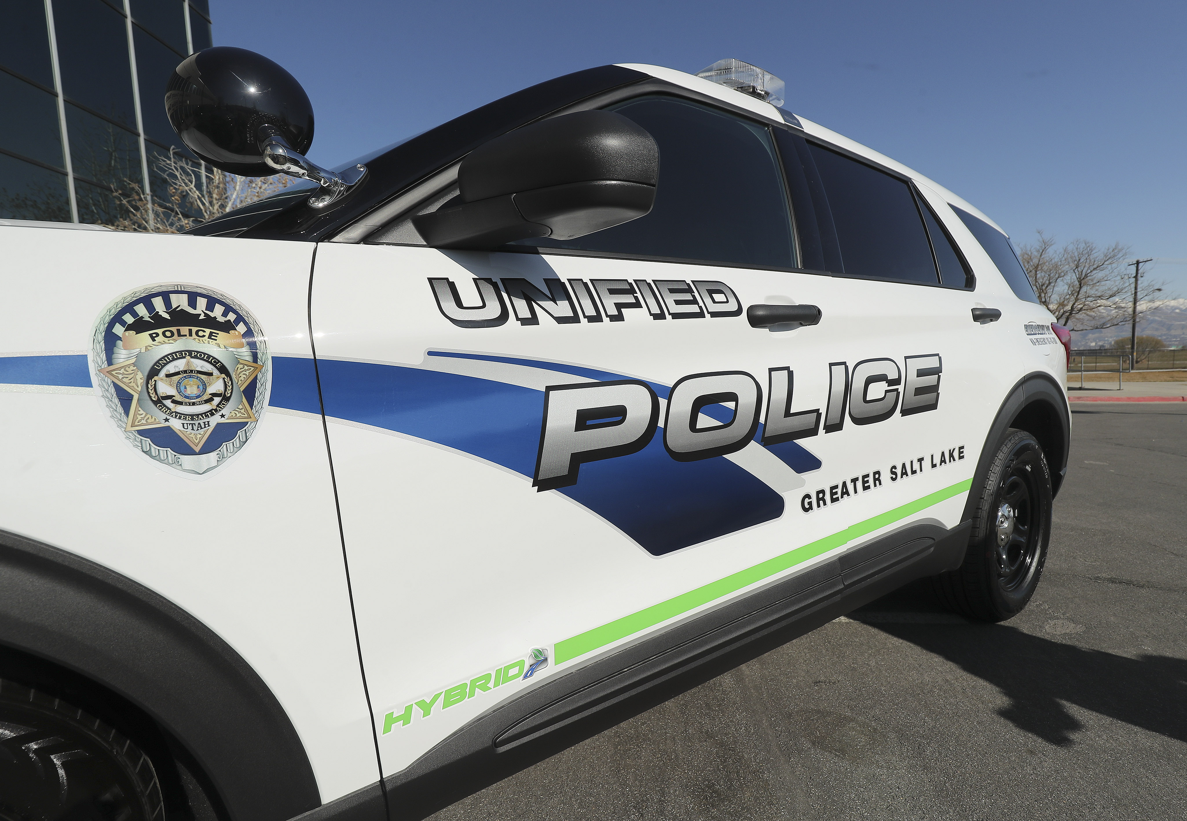A near-new Ford hybrid Police Interceptor is pictured at the Unified Police Department's headquarters in South Salt Lake on Wednesday, March 4, 2020. The department is stepping up its efforts to help keep Salt Lake County’s air clean. (Jeffrey D. Allred, KSL)