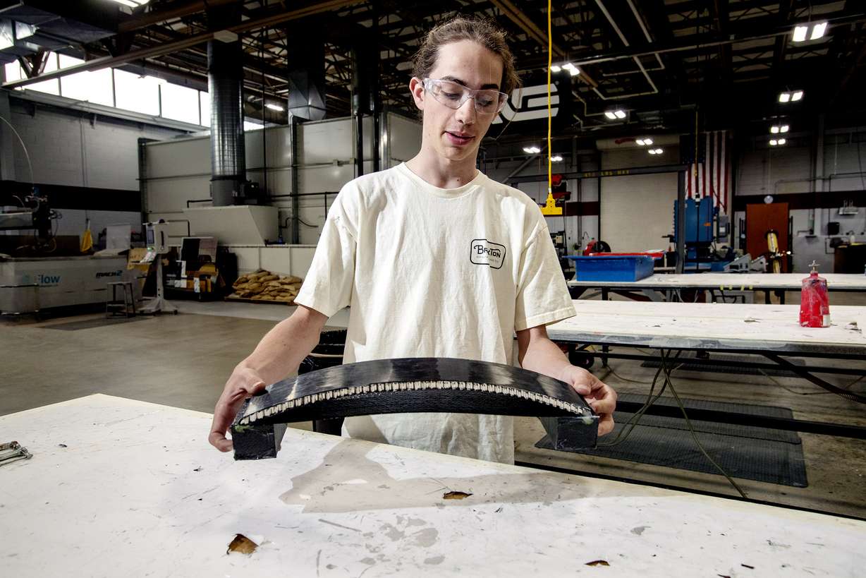 Talon Matern describes a project he's working on in the Composite Materials Lab at Davis Technical College in Kaysville on Friday, June 14, 2019. (Scott G Winterton, KSL)