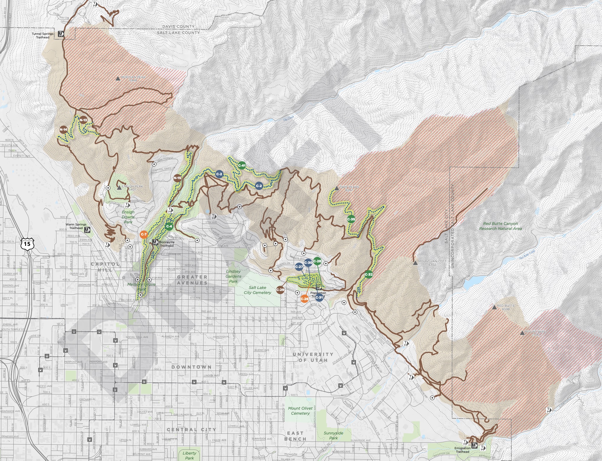 The map shows a proposed trail prioritization Phase I from the Foothills Trail System Master Plan. (Photo: Salt Lake City)
