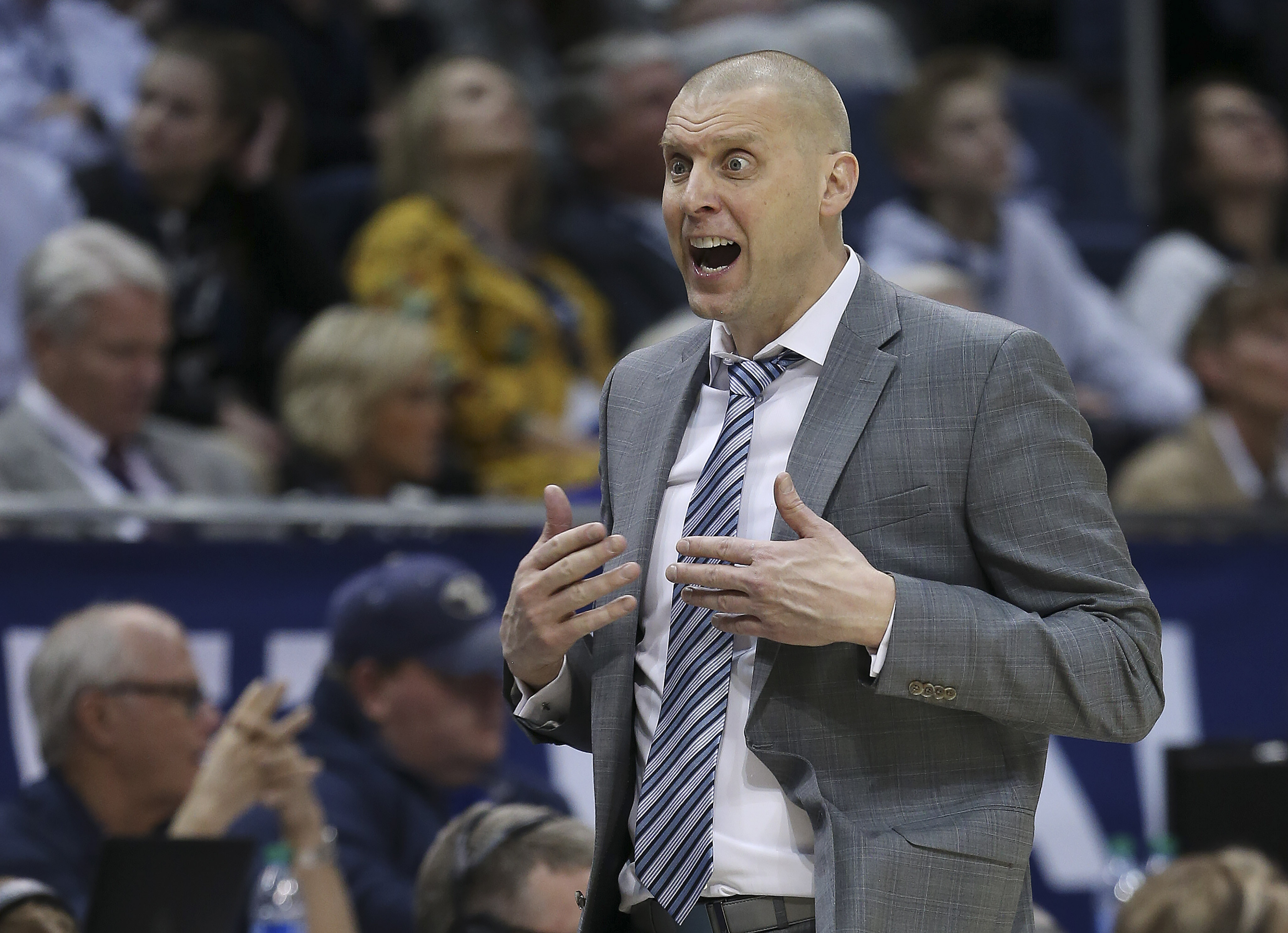 Brigham Young Cougars head coach Mark Pope protests a call in a game against the San Diego Toreros in Provo on Thursday, Jan. 16, 2020. BYU won 93-70. (Photo: Jeffrey D. Allred, KSL)