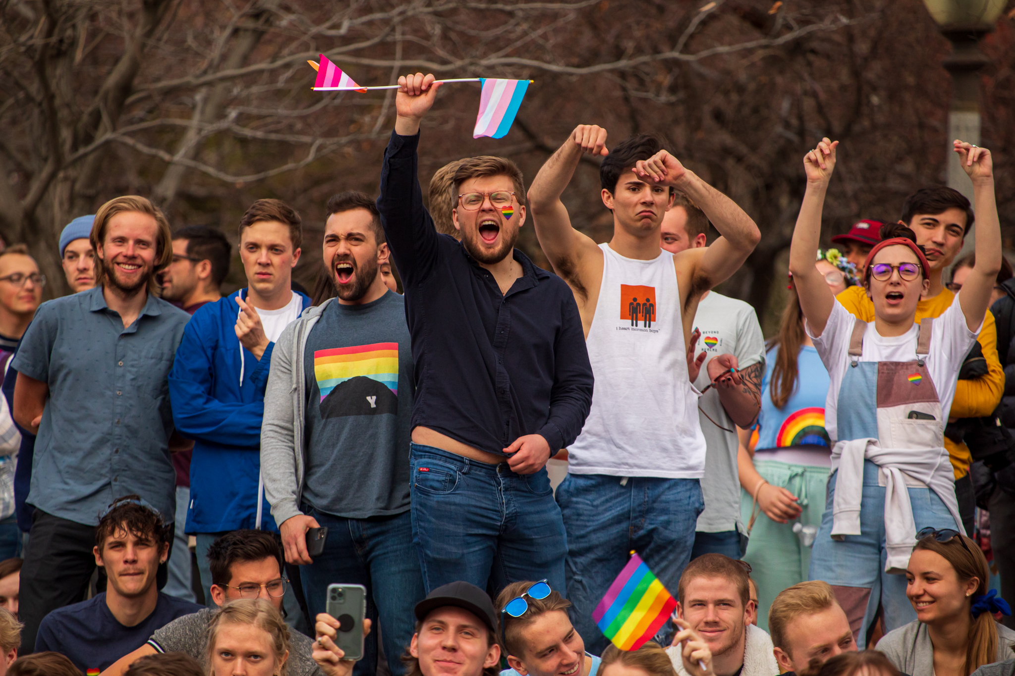 Protesters cheer in support of a speaker during a rally at City Creek Park in Salt Lake City on Friday, March 6, 2020. A group of hundreds rallied in opposition to a recent clarification about “same-sex romantic behavior” in the BYU’s Honor Code. (Photo: Carter Williams, KSL.com)