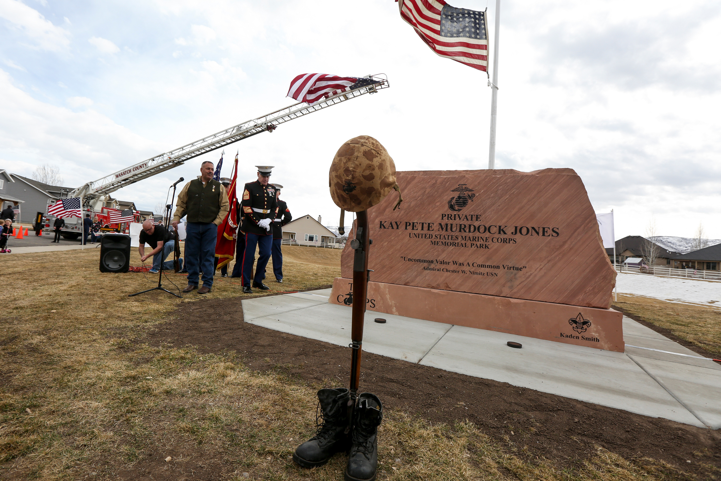 Community members gather to dedicate a memorial park for the 75th anniversary of the Battle of Iwo Jima in Heber City on Saturday, March 7, 2020. The park was named after fallen Marine Pvt. Kay “Pete” Murdock Jones, who died in the battle after enlisting in the Marine Corps with his brother, Pfc. James Richard “Dick” Jones. (Ivy Ceballo, KSL)