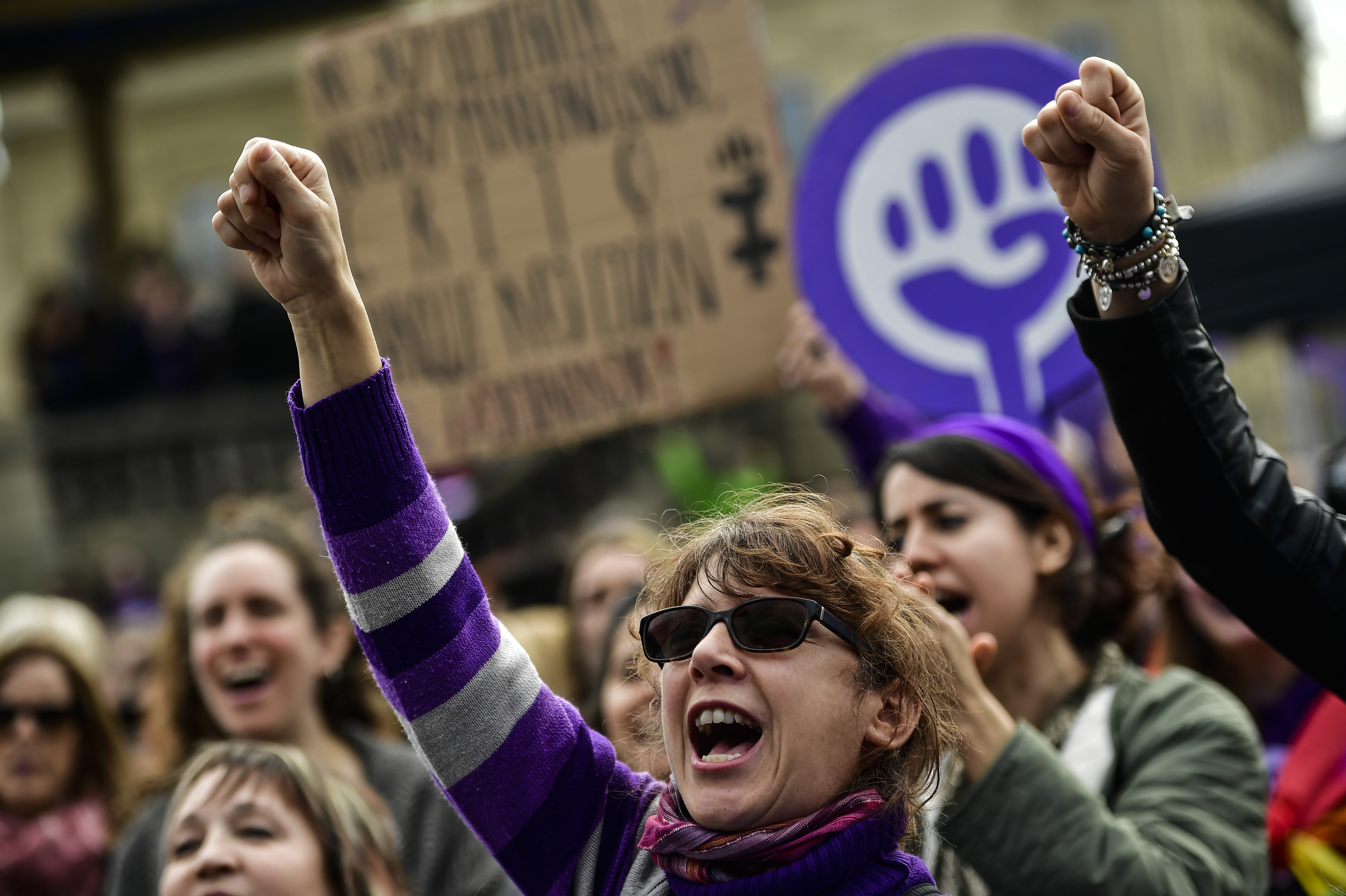 Women shout slogans during International Women's Day in Pamplona, northern Spain, Sunday, March 8, 2020. Spanish women are marking International Women's Day with a full day strike and dozens of protests across the country against wage gap and gender violence. (Photo: Alvaro Barrientos via AP)