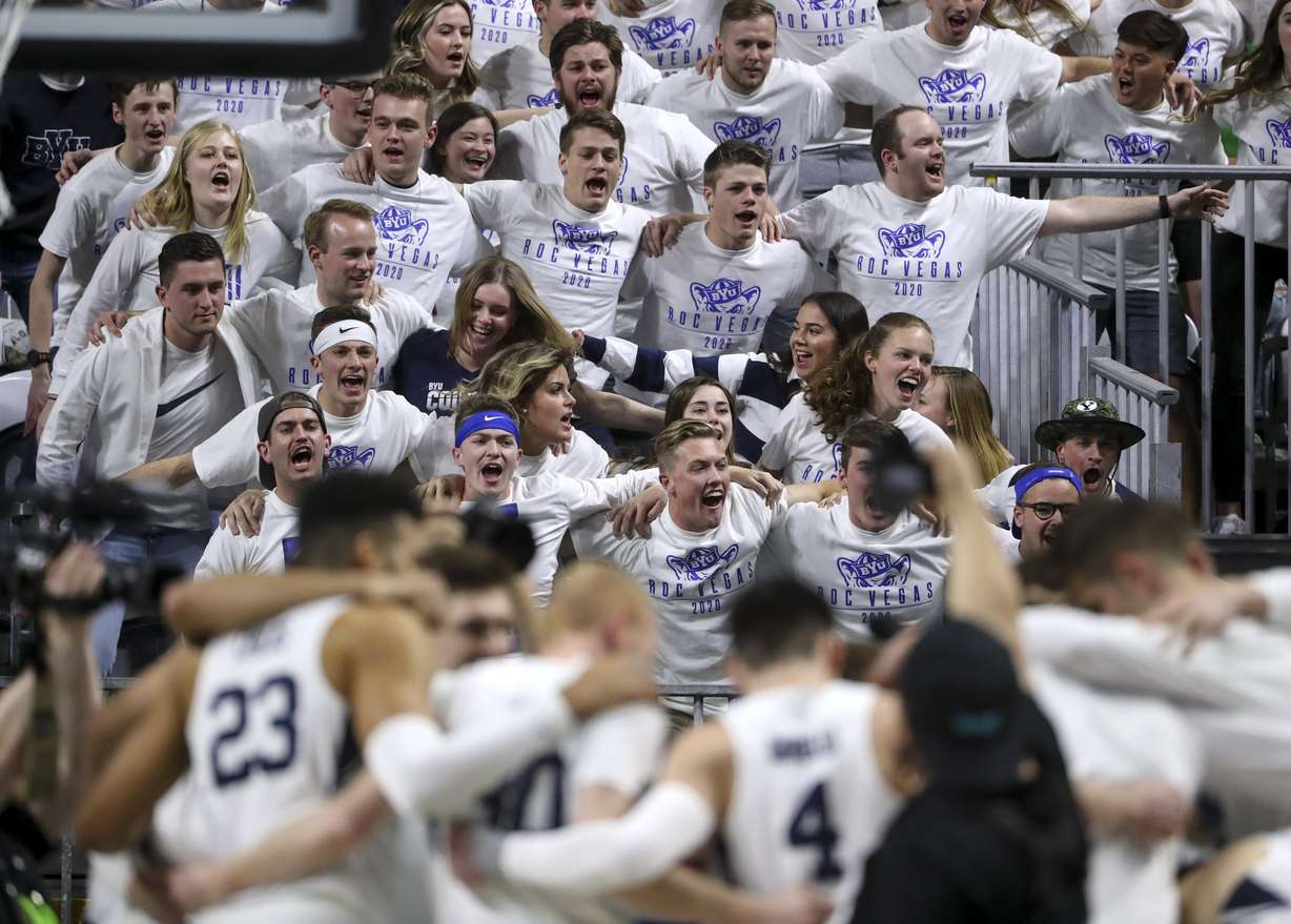 BYU fans get fired up at the start of the BYU and Saint Mary’s WCC semifinal game at the Orleans Arena in Las Vegas on Monday, March 9, 2020. (Photo: Steve Griffin, KSL)