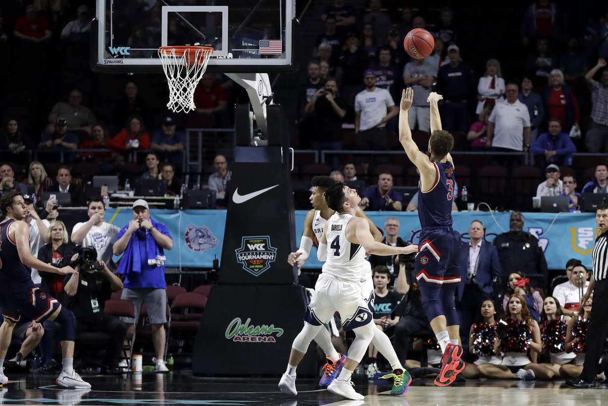 Saint Mary's Jordan Ford (3) sinks a game winning shot against BYU with seconds remaining in the second half of an NCAA college basketball game in the West Coast Conference men's tournament Monday, March 9, 2020, in Las Vegas. Saint Mary's won 51-50.