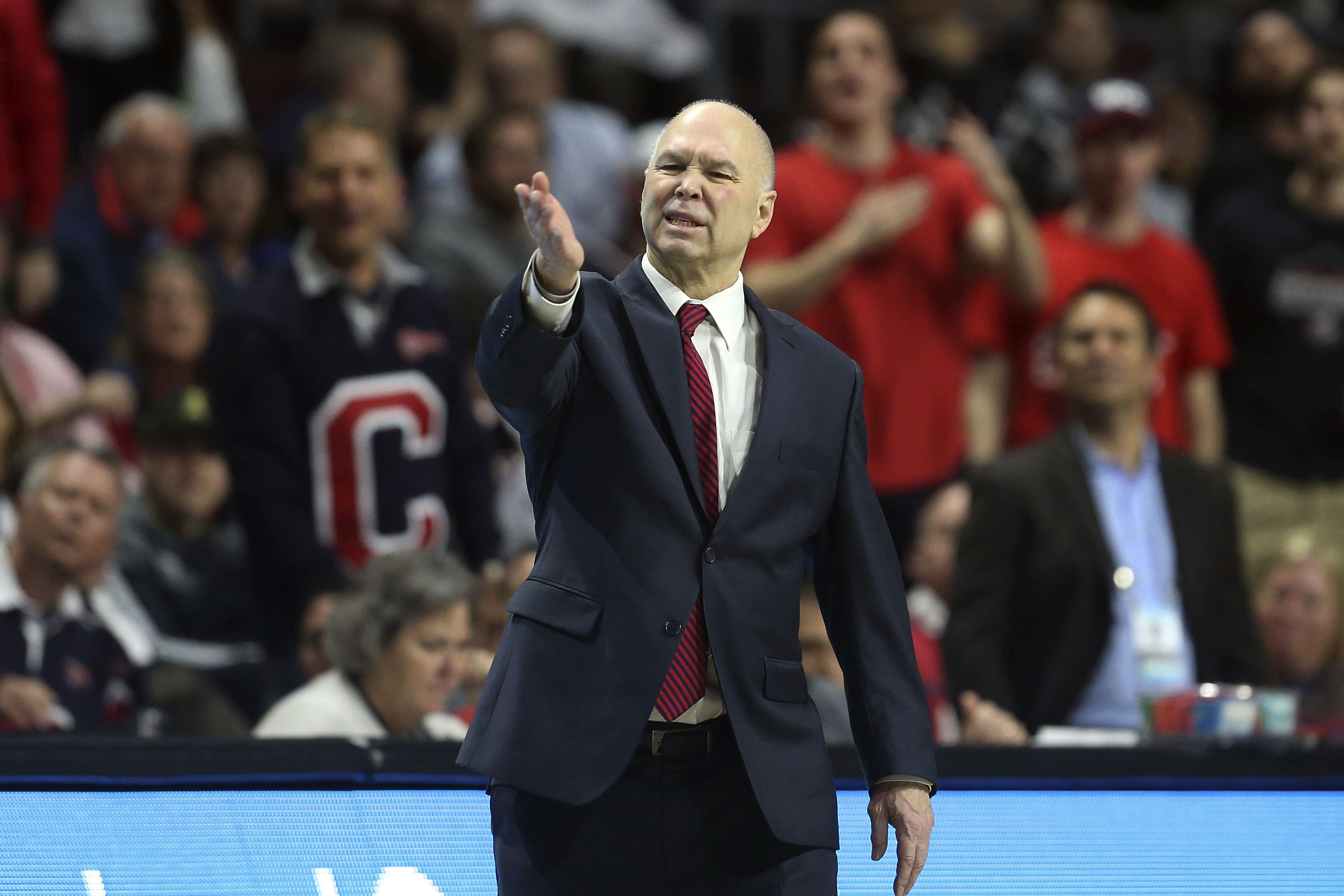 Saint Mary's head coach Randy Bennett instructs his team against BYU during the first half of an NCAA college basketball game in the West Coast Conference tournament, Monday, March 9, 2020, in Las Vegas.