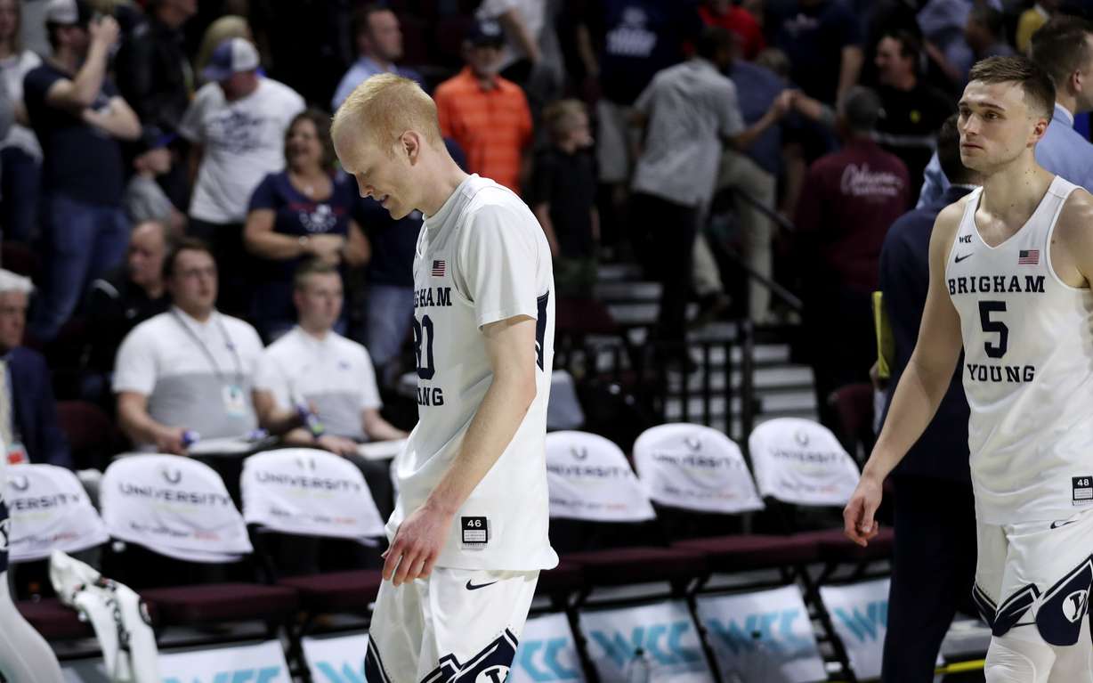 Brigham Young Cougars guard TJ Haws (30) walks off the court as the Saint Mary's Gaels celebrate their last-second victory over the Cougars in the WCC semifinal game at the Orleans Arena in Las Vegas on Monday, March 9, 2020. (Photo: Steve Griffin, KSL)