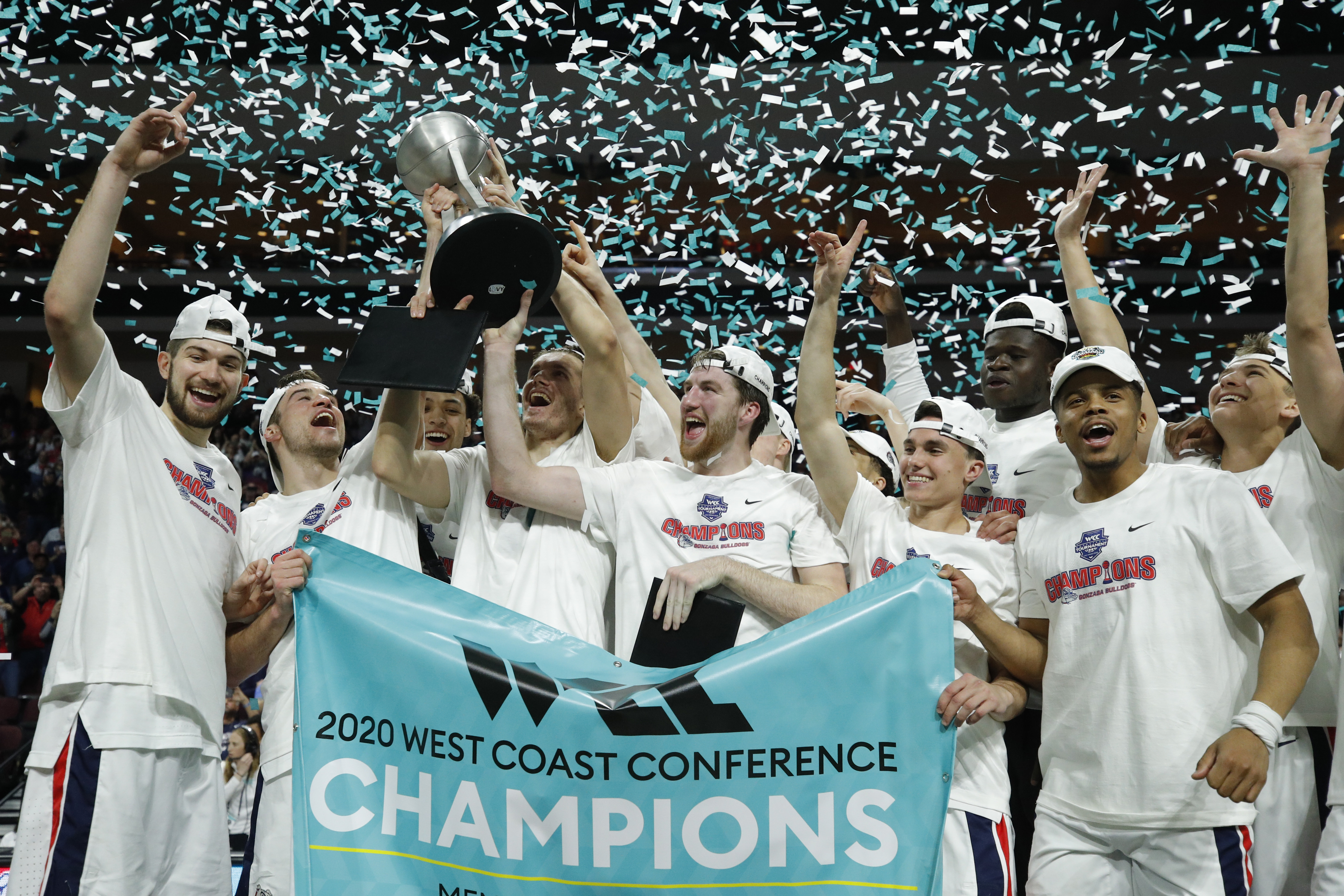 Gonzaga players celebrate after defeating Saint Mary's in an NCAA college basketball game in the final of the West Coast Conference men's tournament Tuesday, March 10, 2020, in Las Vegas. (Photo: John Locher, AP)
