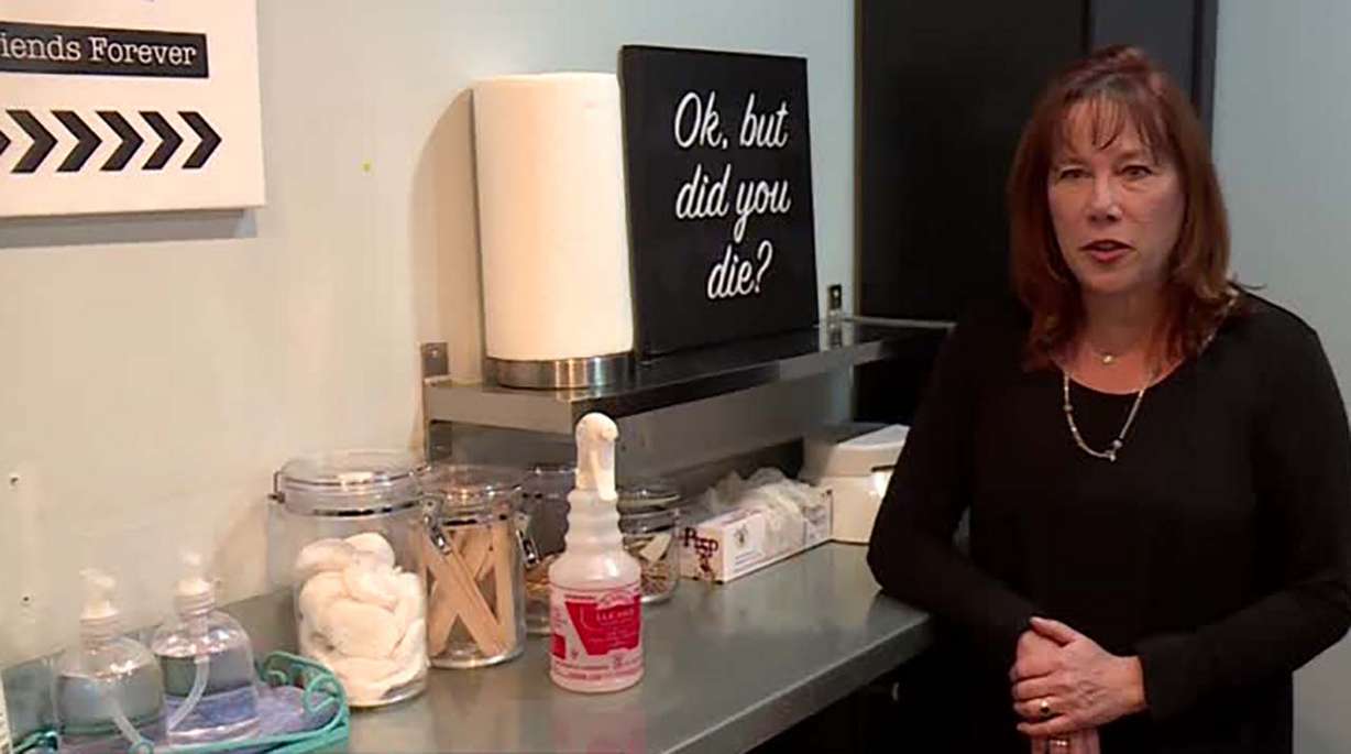 Salt Lake City salon Wax Me Too owner Jolie Arsenault says the company ordered extra sanitation supplies Tuesday, March 10, 2020. Photo: KSL TV