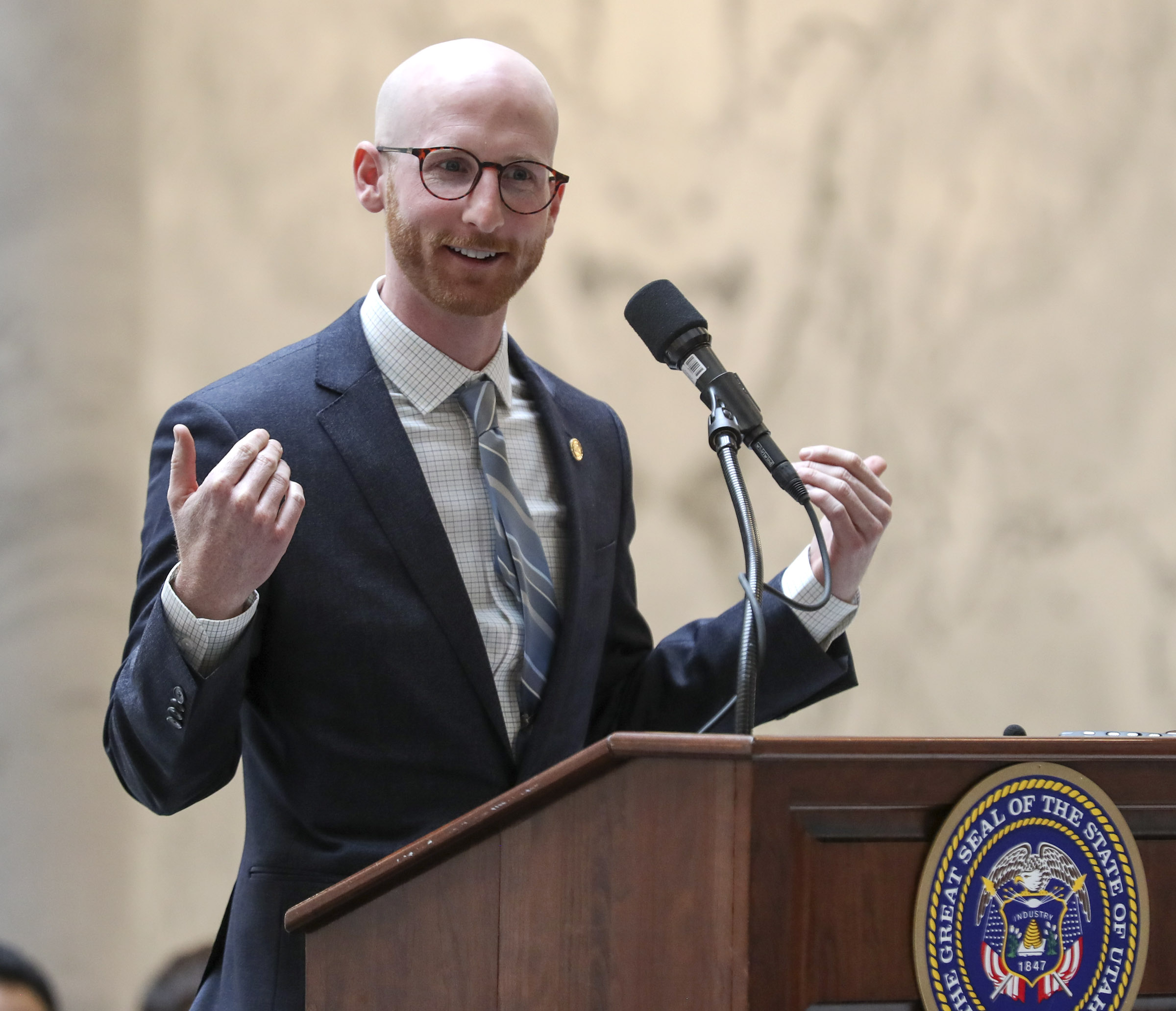 Sen. Derek Kitchen, D-Salt Lake City, speaks during a signing ceremony for the hate crime bill SB103 in the Capitol rotunda in Salt Lake City on Tuesday, April 2, 2019. (Photo: Steve Griffin, KSL)