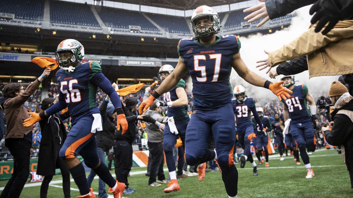 Seattle Dragons defensive end Marcel Frazier enters CenturyLink Field for the team's XFL home-opener against the Tampa Bay Vipers on Saturday, Feb. 15, 2020, in Seattle.