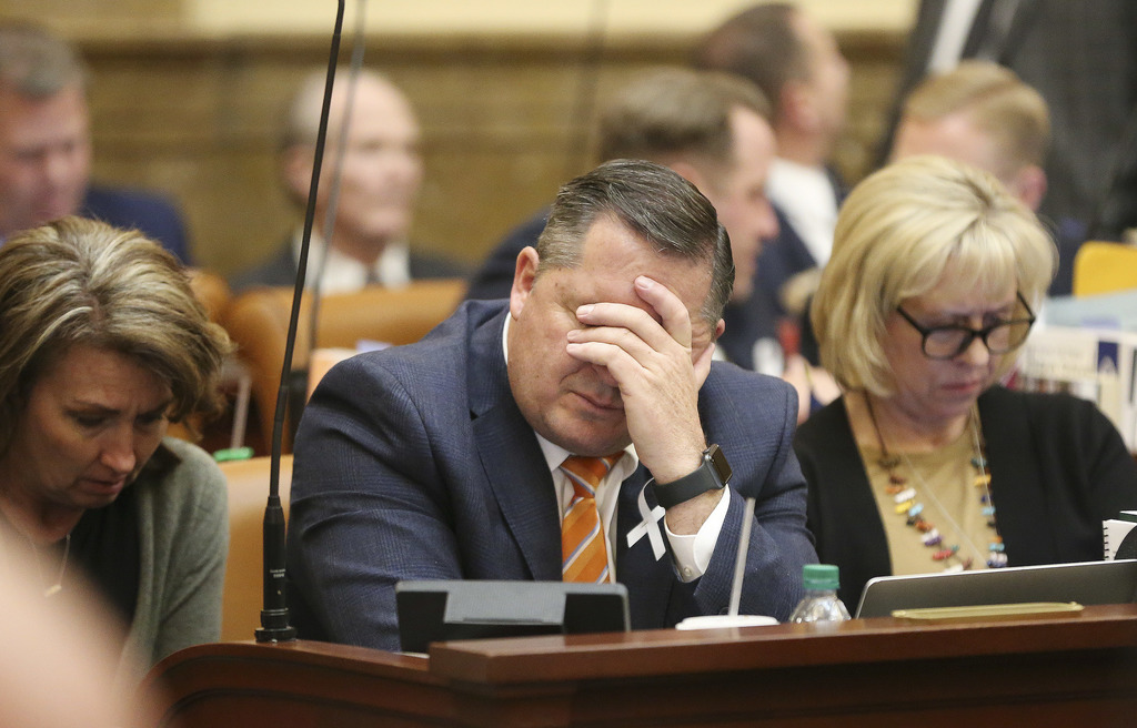 Rep. Derrin Owens, R-Fountain Green, rubs his eyes during the last night of the 2020 legislative session at the Capitol in Salt Lake City on Thursday, March 12, 2020. (Photo: Jeffrey D Allred, KSL)