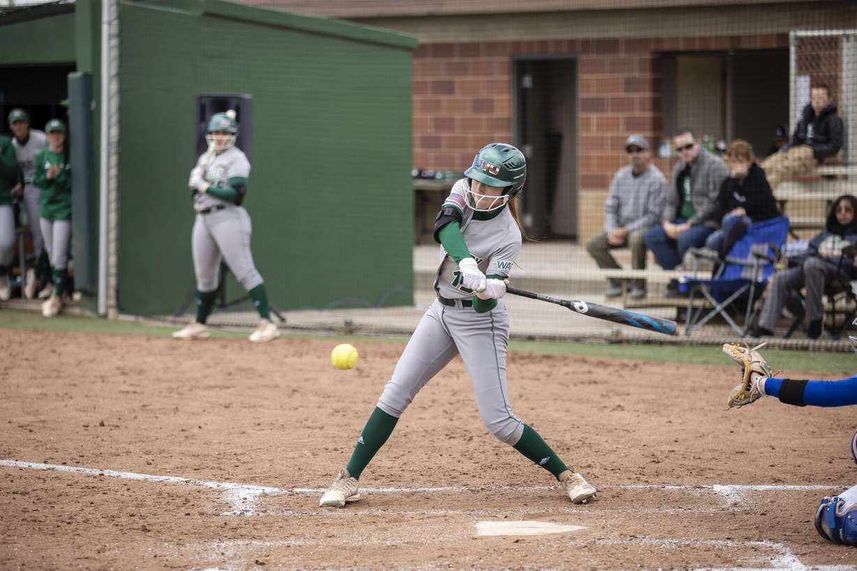 Abby Doughty hit two home runs on Saturday to lead UVU to a series sweep of UMKC in WAC softball on Saturday, March 30, 2019. (Photo: Clark Clifford Wiesenberg, UVU Athletics)