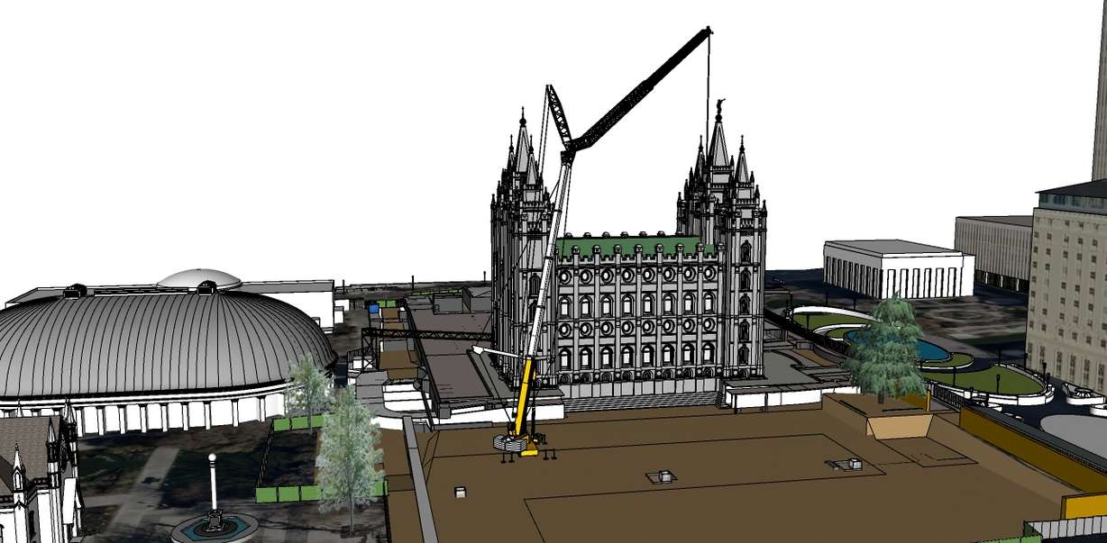 An artist's rendering depicts a crane placed on the south side of hte Salt Lake Temple on Thursday, April 2, 2020 to begin to remove stones displaced in last month's earthquake as part of the temple renovation. (Photo: The Church of Jesus Christ of Latter-day Saints)