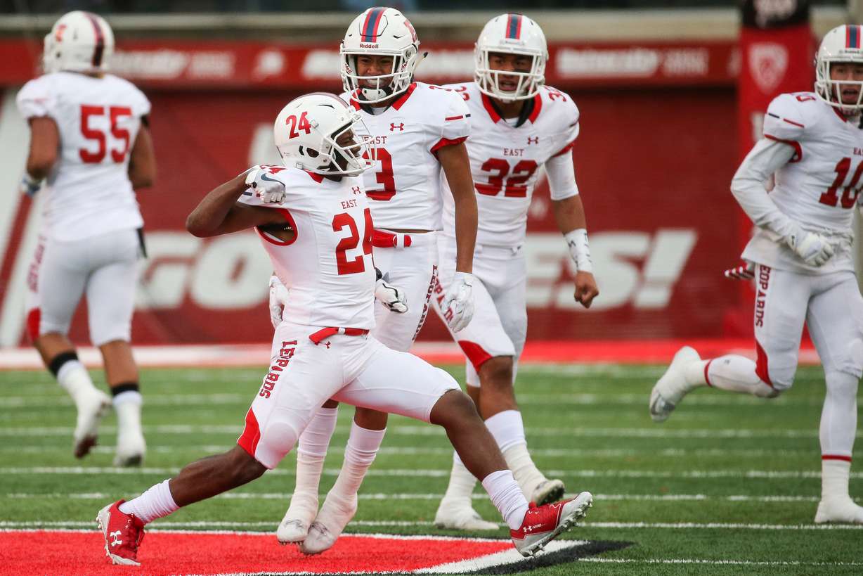 East's Jaylon Vickers celebrates after intercepting a pass intended for Bingham's Brayden Cosper in the Class 6A football state championship game at Rice-Eccles Stadium in Salt Lake City on Friday, Nov. 17, 2017. (Photo: Spenser Heaps, KSL)