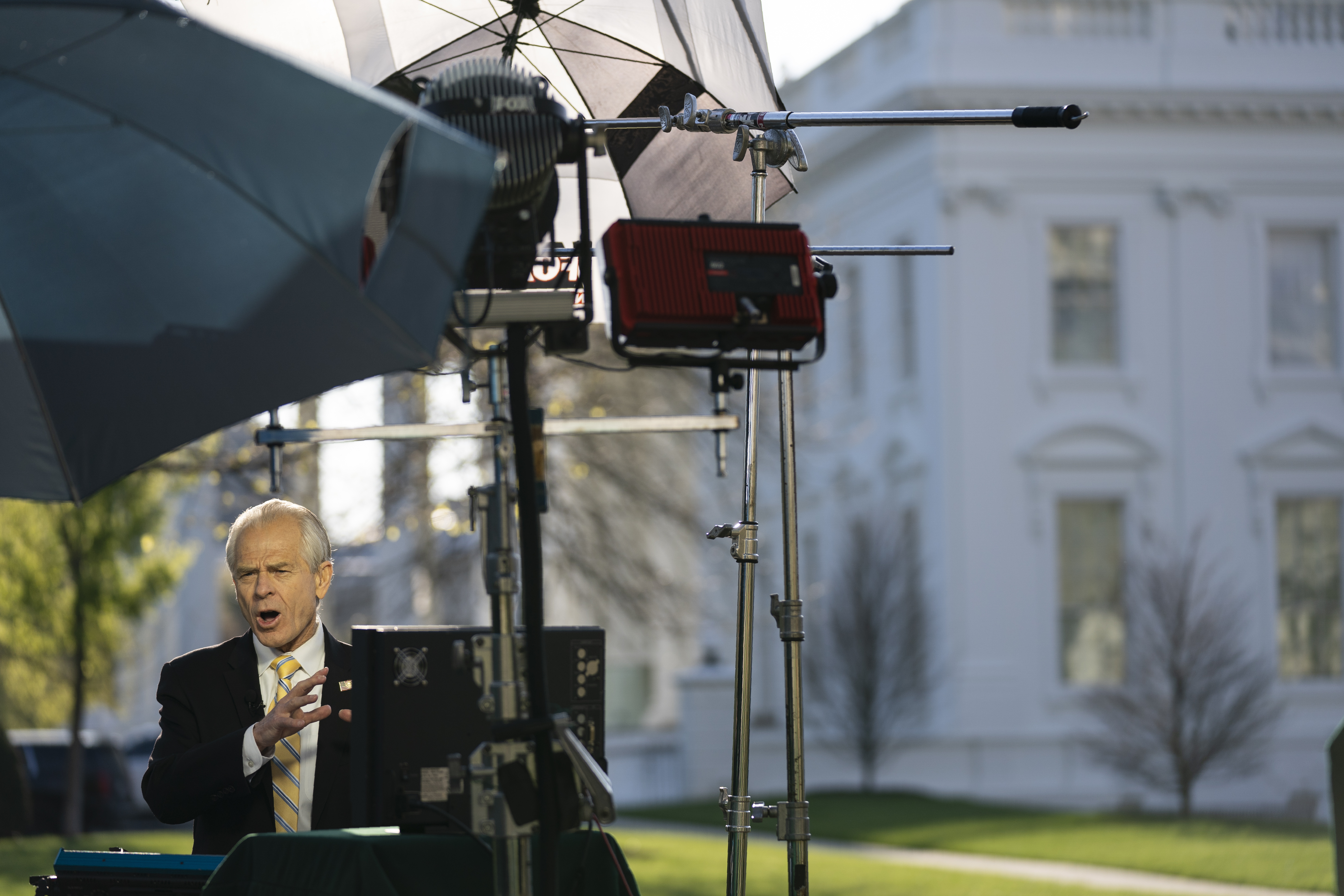 White House trade adviser Peter Navarro speaks during an interview at the White House, Monday, April 6, 2020, in Washington. (AP Photo/Evan Vucci)