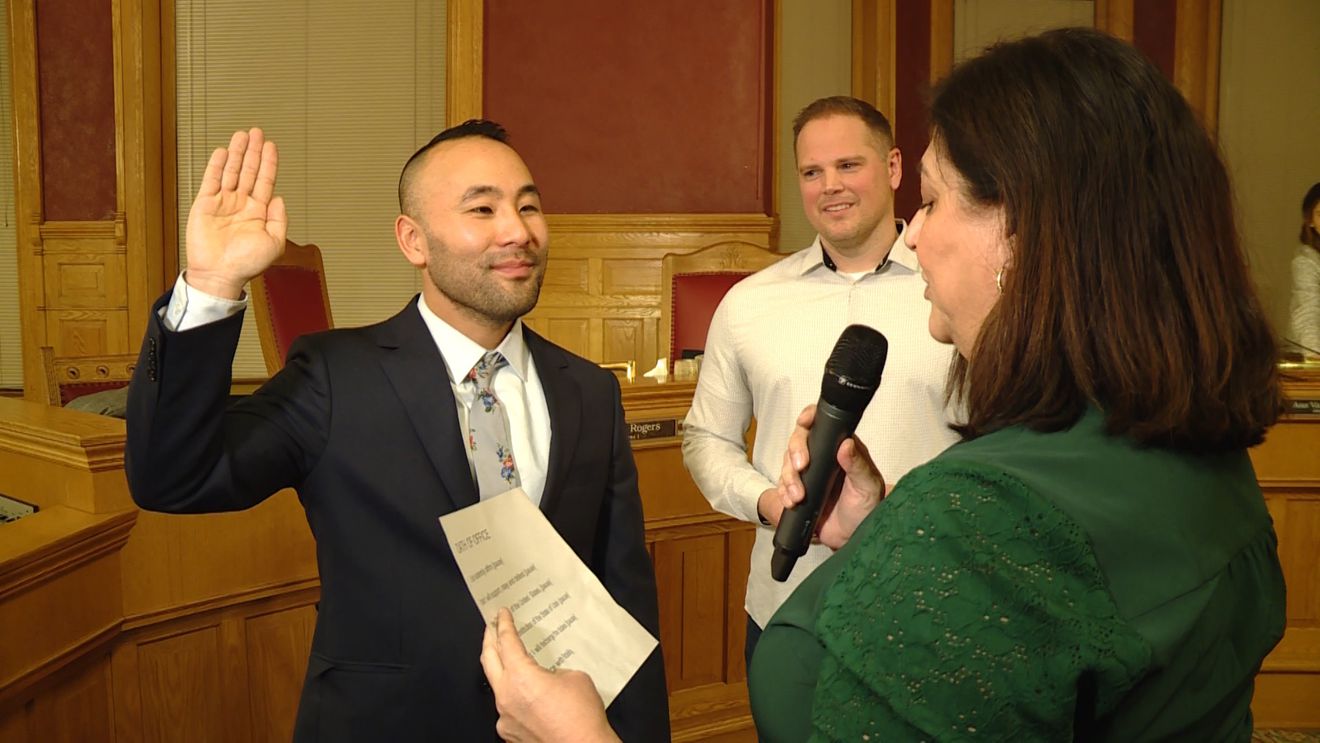 Darin Masao Mano is sworn in as the newest member of the Salt Lake City Council on Jan. 21. He said he started to feel ill after a trip to the nation’s capital. (Photo: Tanner Siegworth, KSL TV, File)