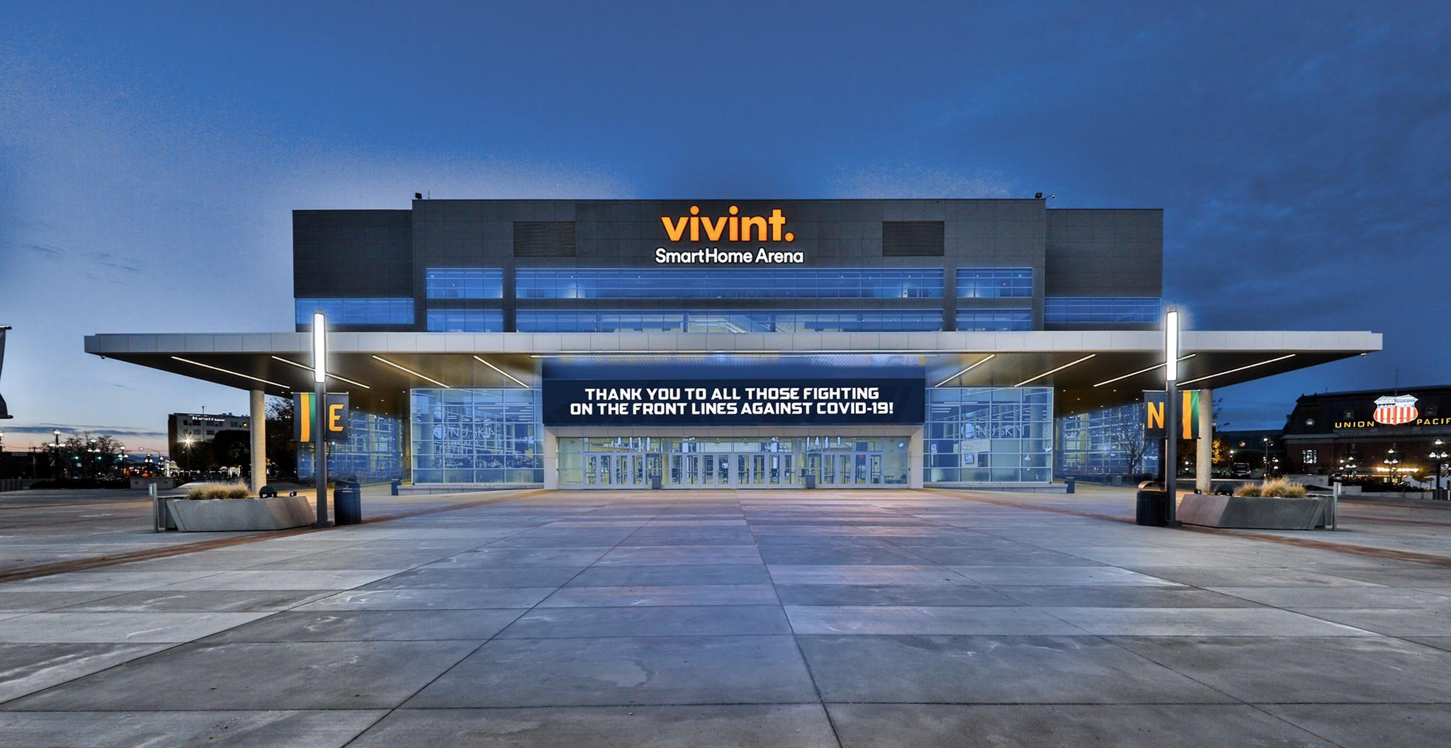 Vivint Smart Home Arena during the #LightItBlue movement honoring medical professionals and frontline workers during the COVID-19 pandemic. (Courtesy: Utah Jazz)