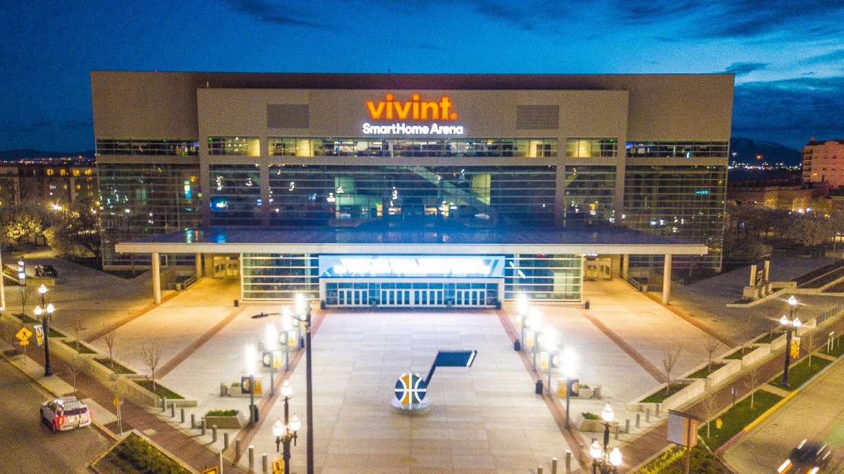 Vivint Arena lights up in blue in honor of COVID-19 frontline responders, Thursday, April 9, 2020 in Salt Lake City. (Courtesy photo: Scott Taylor)