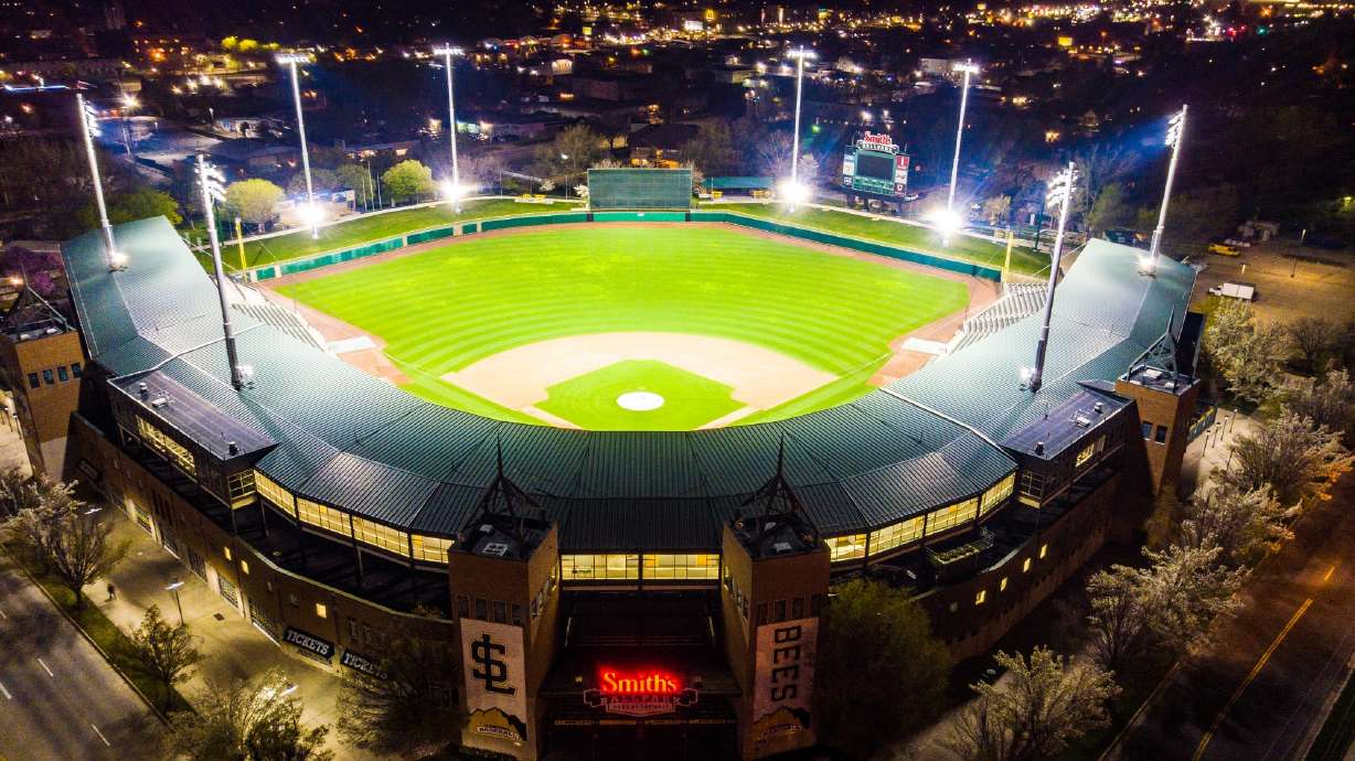 Lights brighten up Smith's Ballpark during what would've been the Salt Lake Bees' opening day, Thursday, April 9, 2020 in Salt Lake City. (Courtesy photo: Scott Taylor)