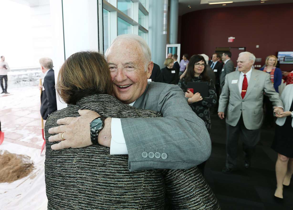 Robert Garff is congratulated on Tuesday, Jan. 24, 2017, after it was announced that the new executive education building at the University of Utah's David Eccles School of Business in Salt Lake City will be named after Garff and his wife, Katharine. (Photo: Jeffrey D. Allred, KSL)