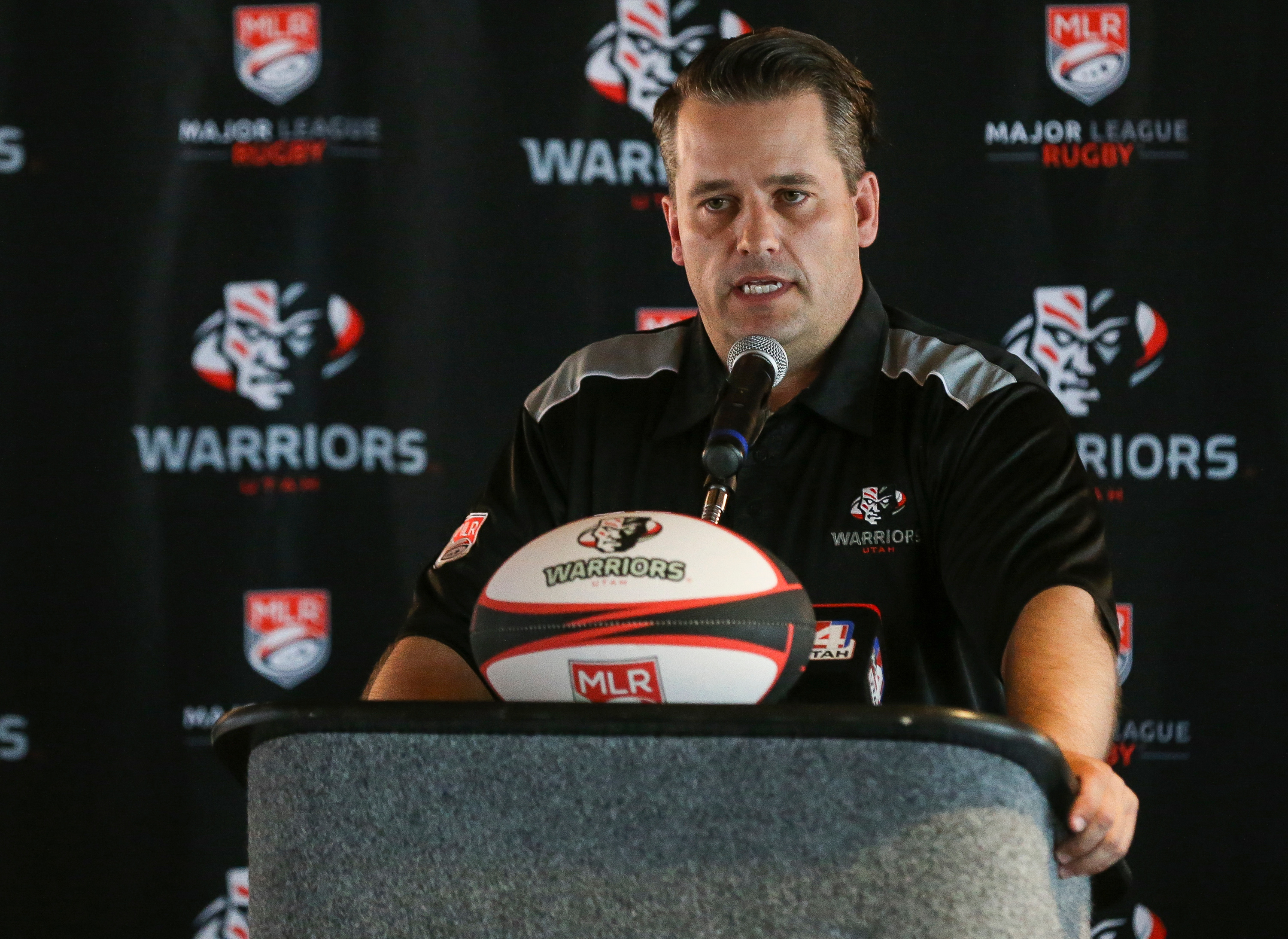 Kimball Kjar, CEO and general manager of the Utah Warriors rugby team, speaks at a press conference at Rio Tinto Stadium in Sandy on Thursday, March 22, 2018.