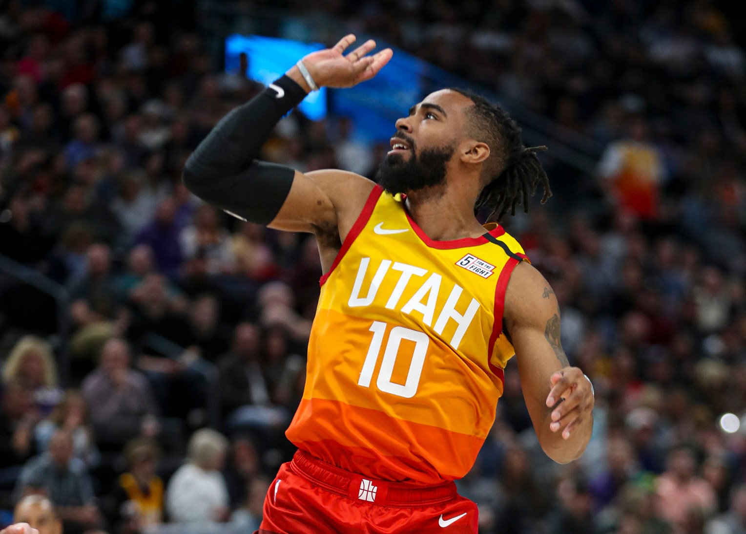 Utah Jazz guard Mike Conley (10) watches his shot fall through the net during the Utah Jazz and Indiana Pacers basketball game at Vivint Arena in Salt Lake City on Monday, Jan. 20, 2020. (Photo: Steve Griffin, KSL)