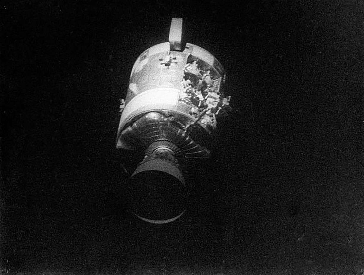 Commander James A. Lovell Jr. took a photo of the severe damage to the service module after they jettisoned it. (Photo: NASA)
