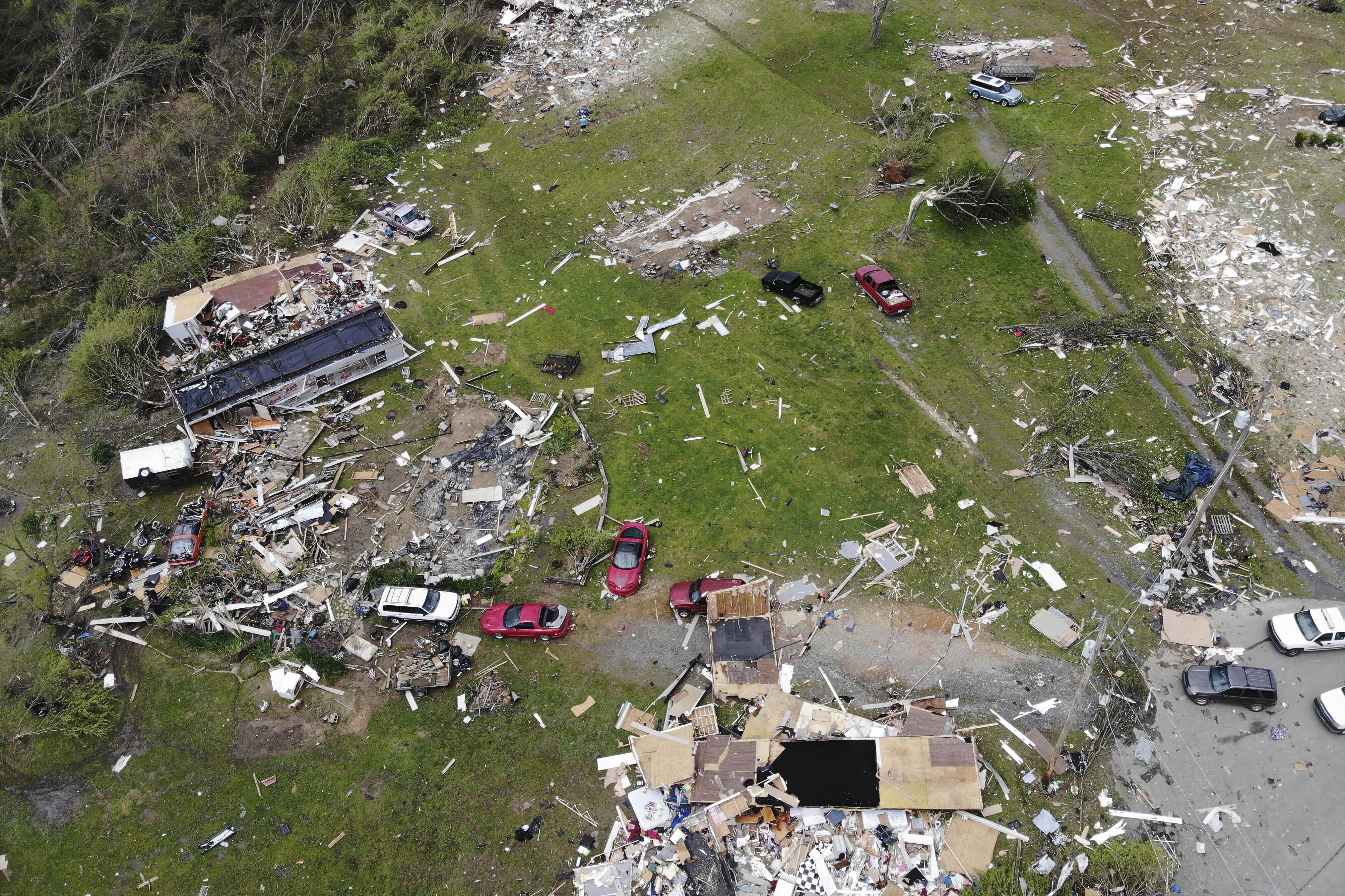 This photo taken by a drone shows a mobile home park that saw multiple deaths after a tornado hit on Monday, April 13, 2020, in Chatsworth, Ga. (Angie Wang, AP Photo)